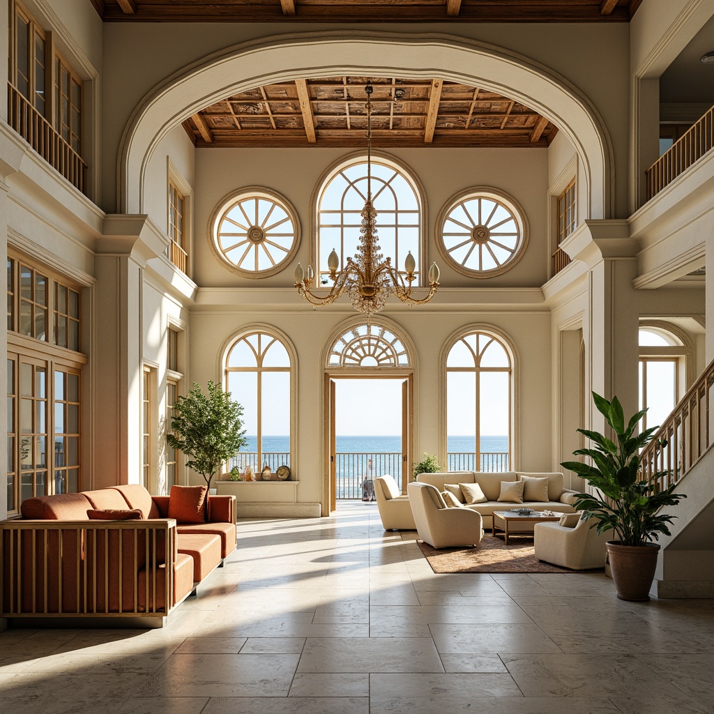 Prompt: Art Deco coastal building, ornate metalwork, geometric patterns, luxurious materials, pastel color palette, soft warm lighting, golden accents, nautical motifs, porthole windows, curved lines, opulent chandeliers, ambient occlusion, shallow depth of field, 1/1 composition, panoramic view, realistic textures, sunny day, ocean views, sea breeze, beachy atmosphere.