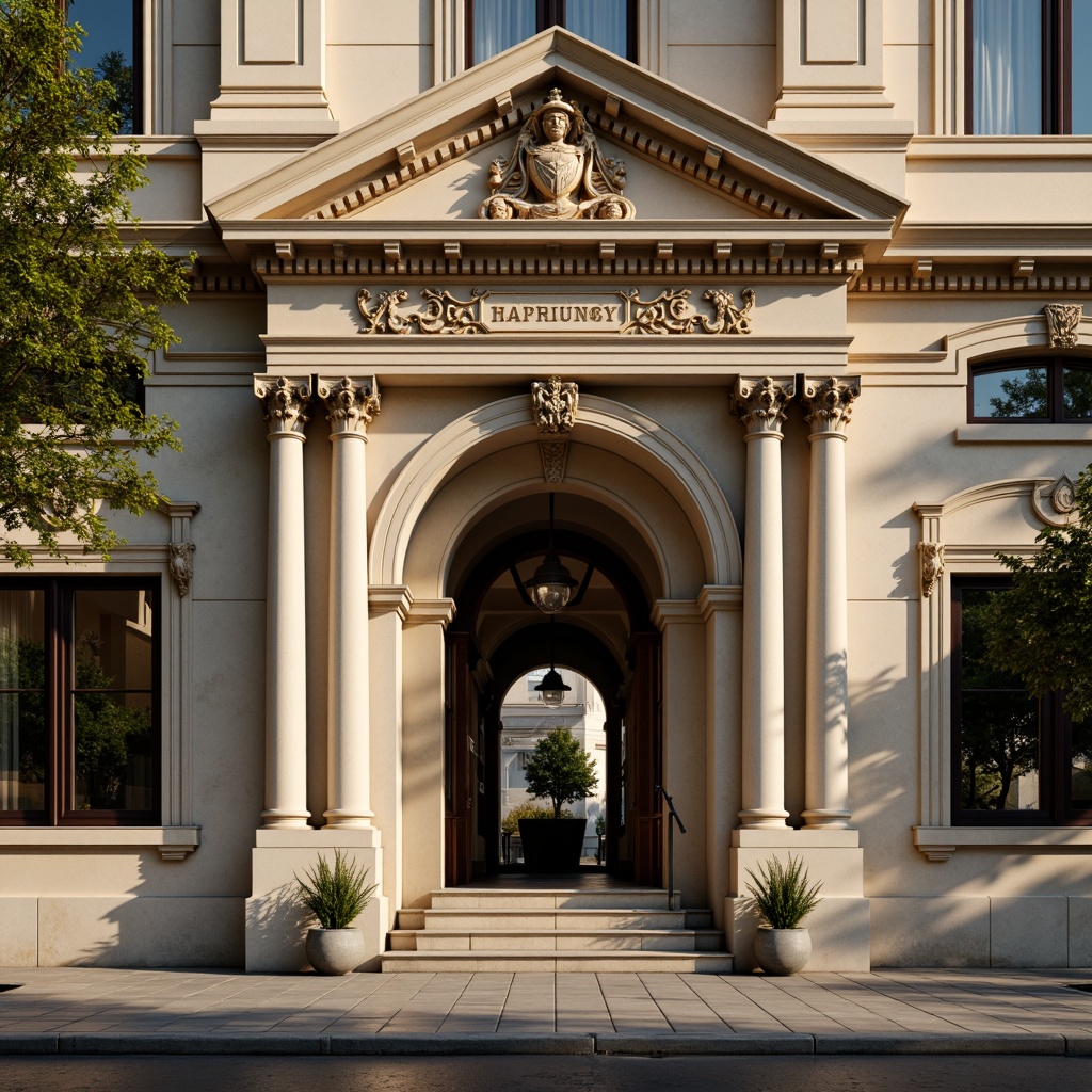 Prompt: Elegant neoclassical facade, ornate columns, carved stone details, symmetrical composition, grand entranceways, sweeping arches, intricate moldings, richly textured stucco, warm beige tones, soft cream hues, muted gold accents, subtle earthy undertones, dramatic chiaroscuro lighting, high-contrast shadows, atmospheric perspective, 1/2 composition, realistic textures, ambient occlusion.