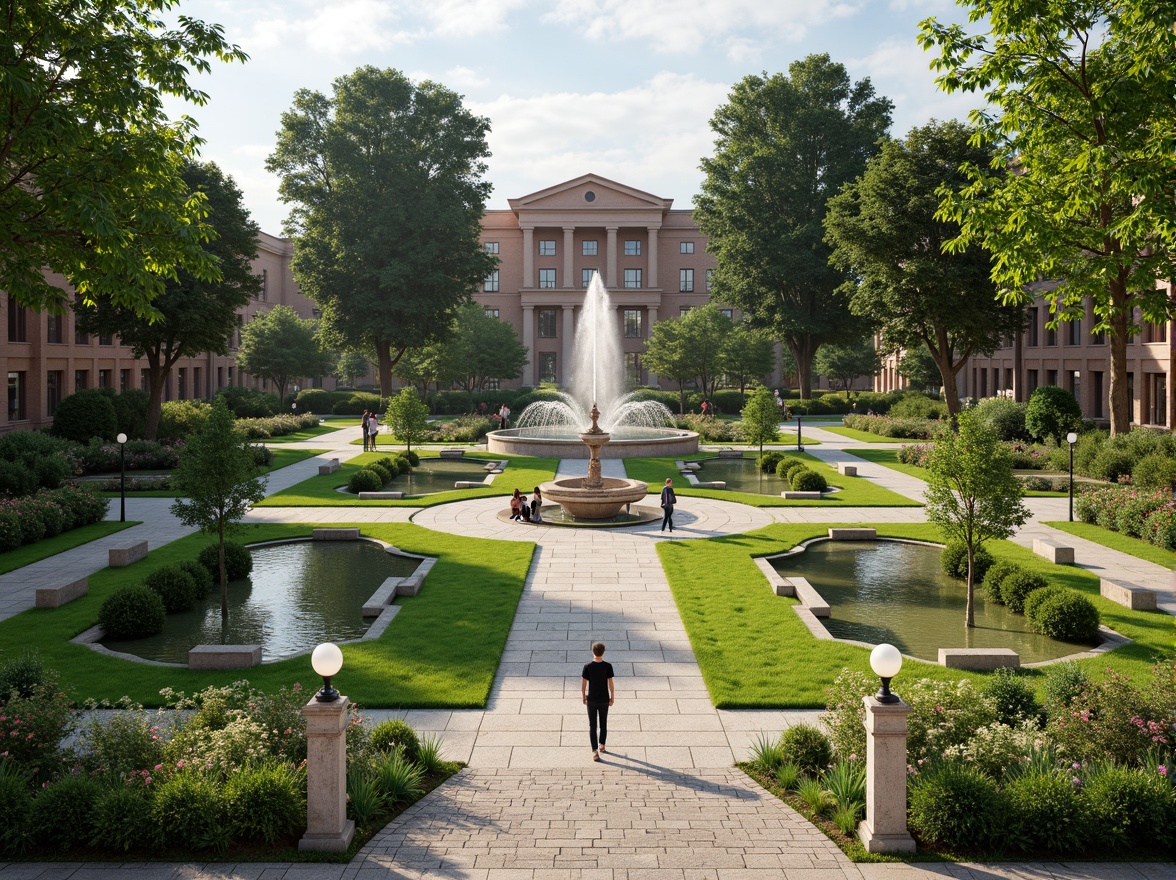 Prompt: Manicured lawns, ornate fountains, symmetrical gardens, majestic trees, walking paths, stone statues, classical columns, ornamental hedges, vibrant flower beds, tranquil ponds, serene water features, elegant street lamps, refined benches, harmonious color palette, soft natural lighting, 1/1 composition, realistic textures, ambient occlusion.