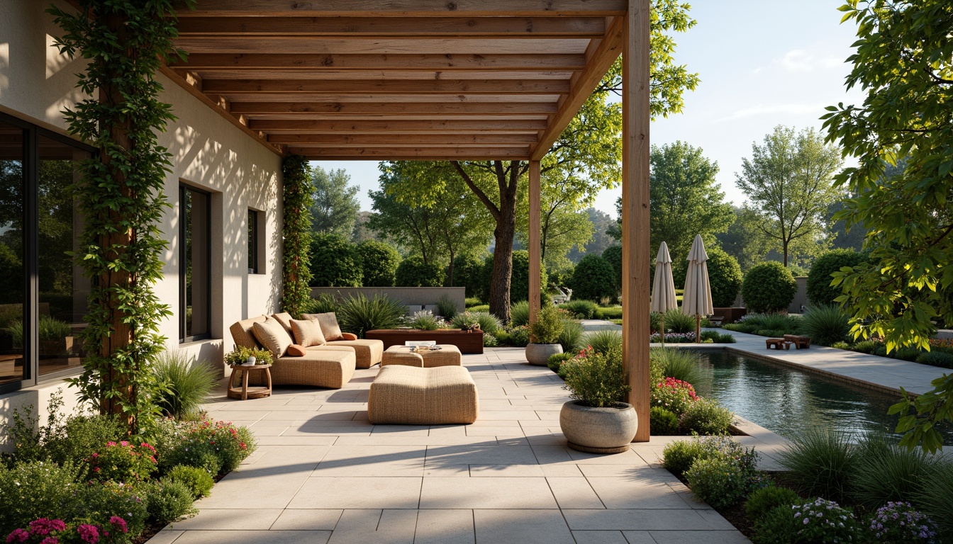 Prompt: Cozy patio, lush greenery, vibrant flowers, comfortable outdoor furniture, soft cushions, warm lighting, natural stone flooring, wooden accents, modern pergola, climbing plants, serene ambiance, shallow depth of field, 1/1 composition, realistic textures, ambient occlusion, sunny day, gentle breeze, refreshing water features, soothing sound effects.