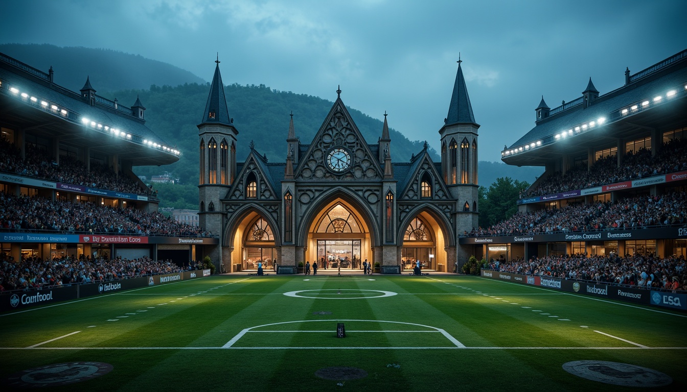 Prompt: Gothic-inspired football stadium, intricate stone carvings, pointed arches, ribbed vaults, flying buttresses, grandiose entrance gates, ornate metalwork, stained glass windows, majestic clock towers, imposing spires, dramatic nighttime lighting, misty atmosphere, foggy weather conditions, lush greenery surroundings, rolling hills, medieval-inspired architecture, modern amenities integration, sleek LED scoreboards, vibrant team color schemes, dynamic crowd scenes, low-angle photography, cinematic composition, high-contrast lighting, detailed textures, ambient occlusion.