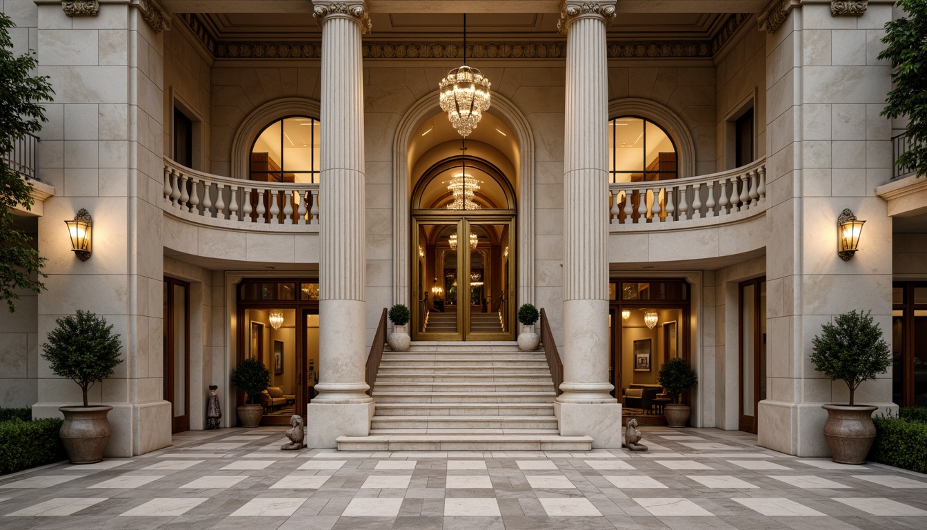 Prompt: Grandiose research center entrance, imposing stone columns, ornate bronze doors, symmetrical facade, elegant archways, intricate carvings, majestic staircases, luxurious marble floors, high ceilings, crystal chandeliers, soft warm lighting, shallow depth of field, 3/4 composition, panoramic view, realistic textures, ambient occlusion, classical Greek-inspired motifs, subtle color palette, harmonious proportions.