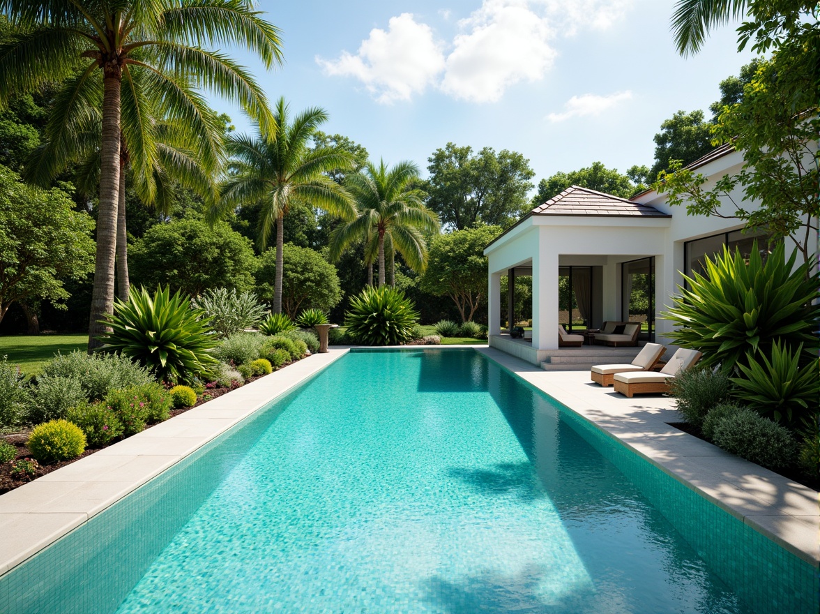 Prompt: Vibrant turquoise water, sleek modern pool design, surrounding lush greenery, tropical palm trees, warm sunny day, soft natural lighting, gentle water ripples, subtle shading effects, 3/4 composition, realistic water textures, ambient occlusion, calming atmosphere, refreshing ambiance, inviting outdoor space.