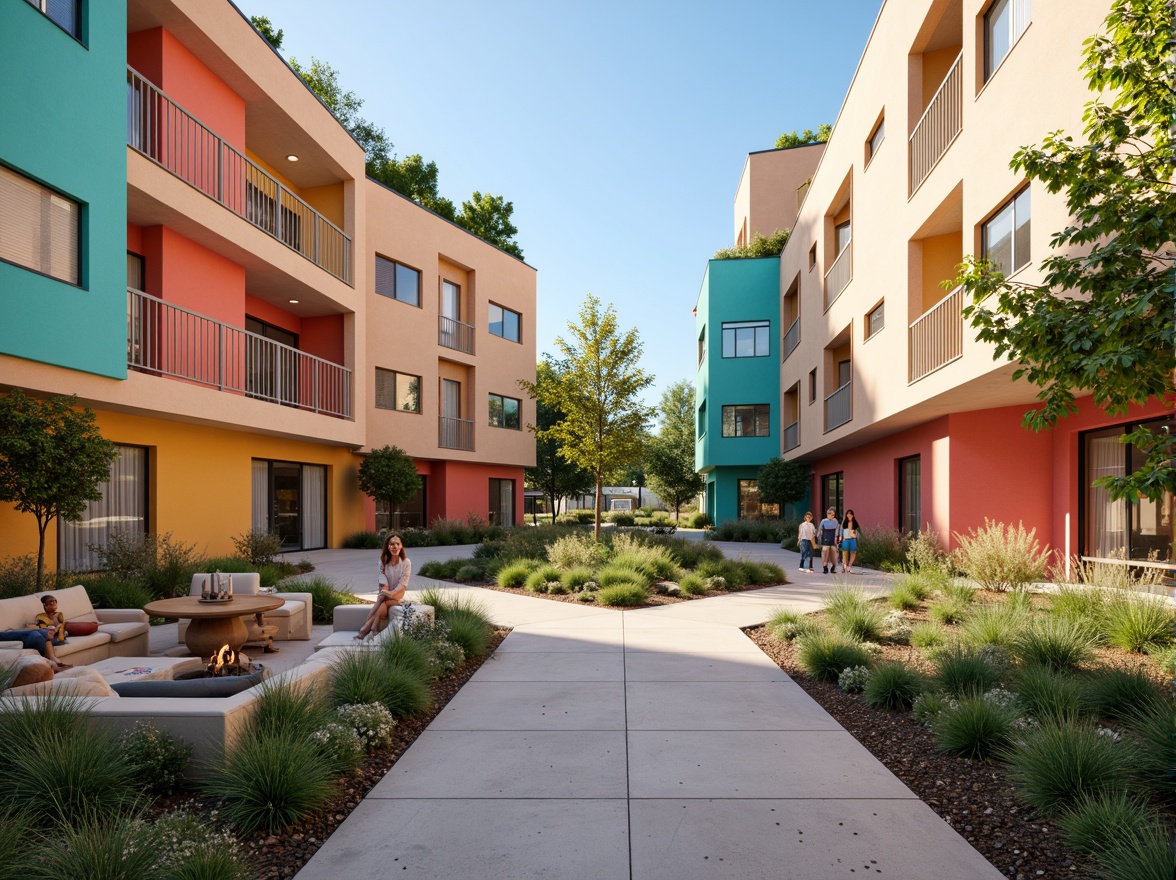 Prompt: Vibrant community center, bold color blocking, warm beige walls, rich turquoise accents, deep coral doors, sleek metal railings, minimalist landscaping, lush green roofs, modern angular architecture, large windows, sliding glass doors, cozy outdoor seating areas, soft warm lighting, shallow depth of field, 3/4 composition, realistic textures, ambient occlusion.