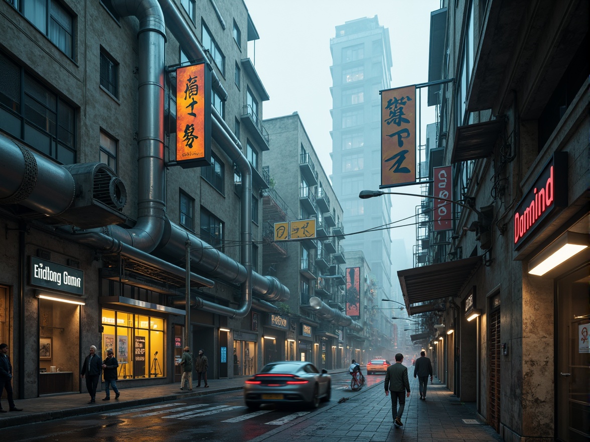 Prompt: Futuristic cityscape, industrial pipes, metallic structures, neon lights, cyberpunk atmosphere, abandoned factories, rusty machinery, distressed concrete walls, urban decay, sci-fi elements, holographic advertisements, levitating vehicles, robotic pedestrians, atmospheric fog, cinematic lighting, shallow depth of field, 1/1 composition, realistic textures, ambient occlusion.