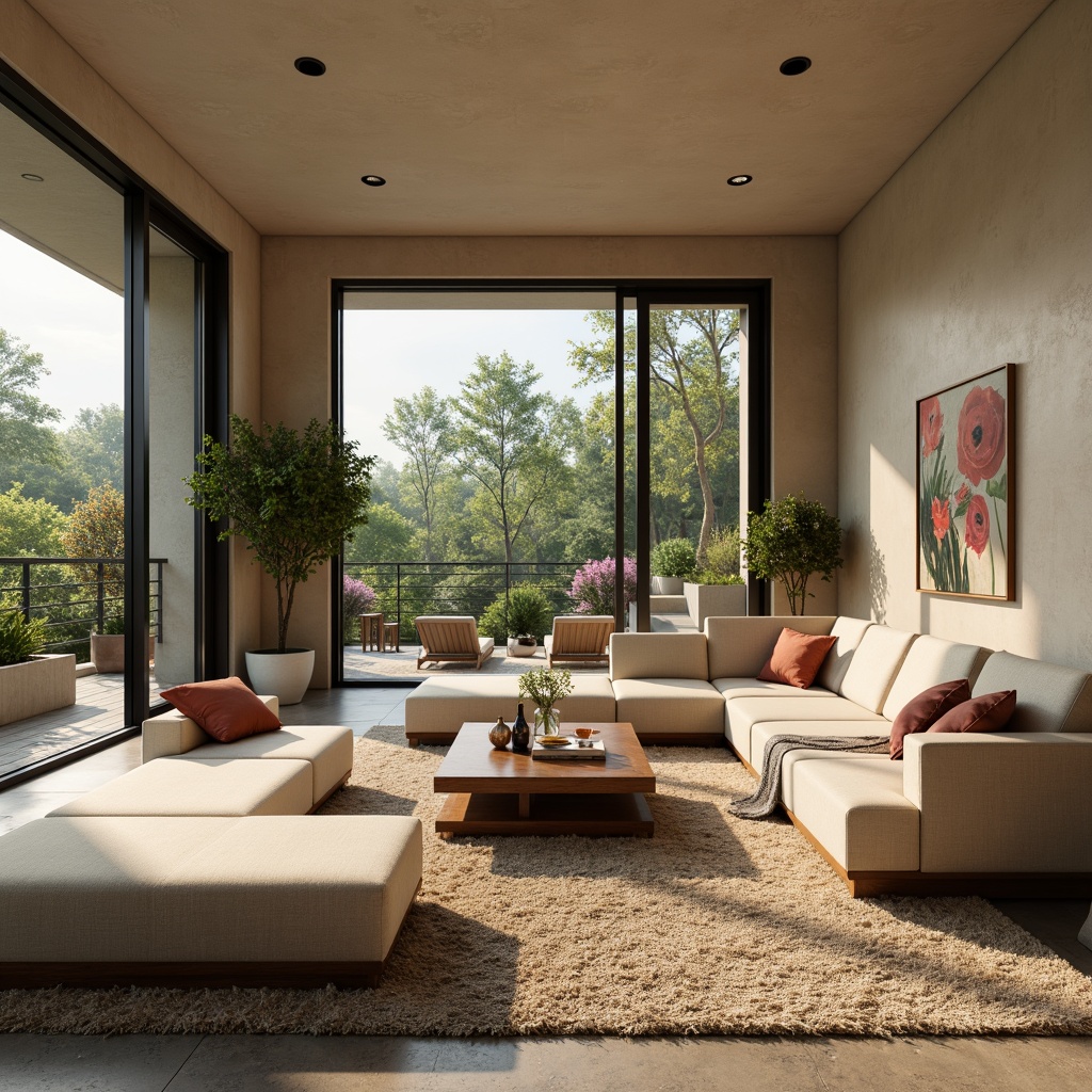 Prompt: Cozy living room, plush sofas, warm beige walls, soft carpet flooring, minimal ornamentation, functional shelving units, ergonomic furniture, ample natural light, floor-to-ceiling windows, sliding glass doors, serene outdoor views, lush greenery, vibrant flowers, modern minimalist decor, calming color palette, efficient storage solutions, multi-functional spaces, open-plan layout, comfortable reading nooks, warm task lighting, soft background music, 1/1 composition, shallow depth of field, realistic textures.