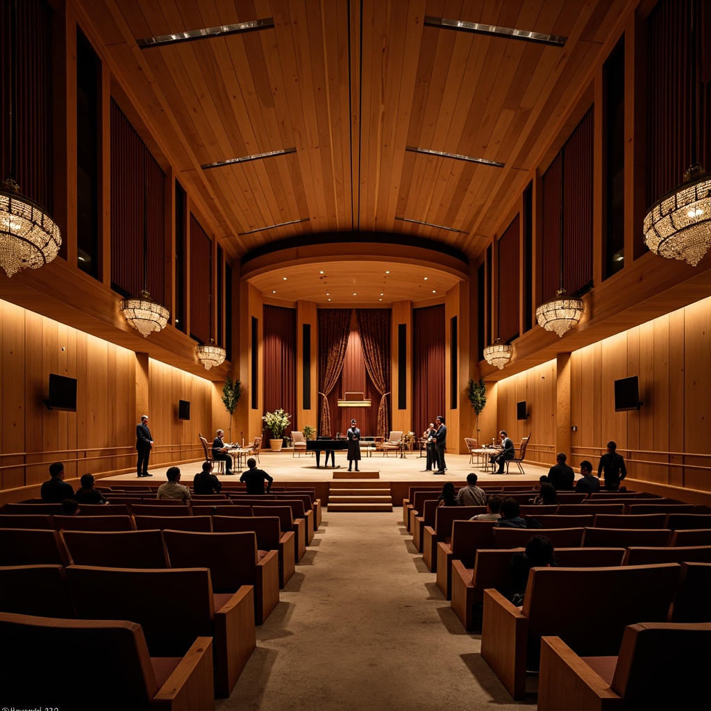 Prompt: Intimate concert hall, wooden paneling, sound-absorbing materials, curved lines, minimal reverberation, optimal speaker placement, acoustic transparency, natural ambiance, warm lighting, comfortable seating, rich wood tones, velvet drapes, ornate chandeliers, grand piano, live performance, evening atmosphere, soft focus, shallow depth of field, 1/2 composition, realistic textures.