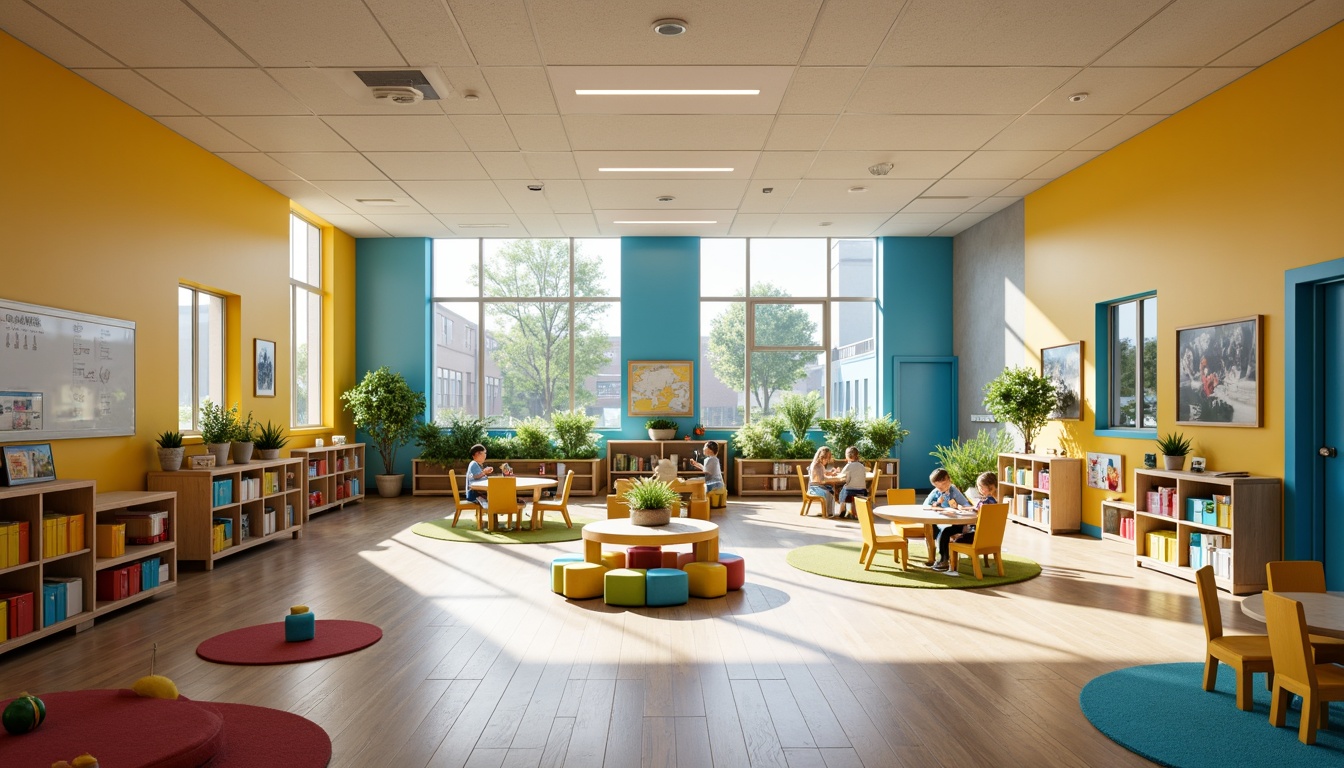 Prompt: Vibrant elementary school, playful color scheme, warm beige walls, bright blue accents, energetic yellow furniture, stimulating greenery, interactive whiteboards, collaborative learning spaces, natural light pouring in, softbox lighting, shallow depth of field, 3/4 composition, panoramic view, realistic textures, ambient occlusion.