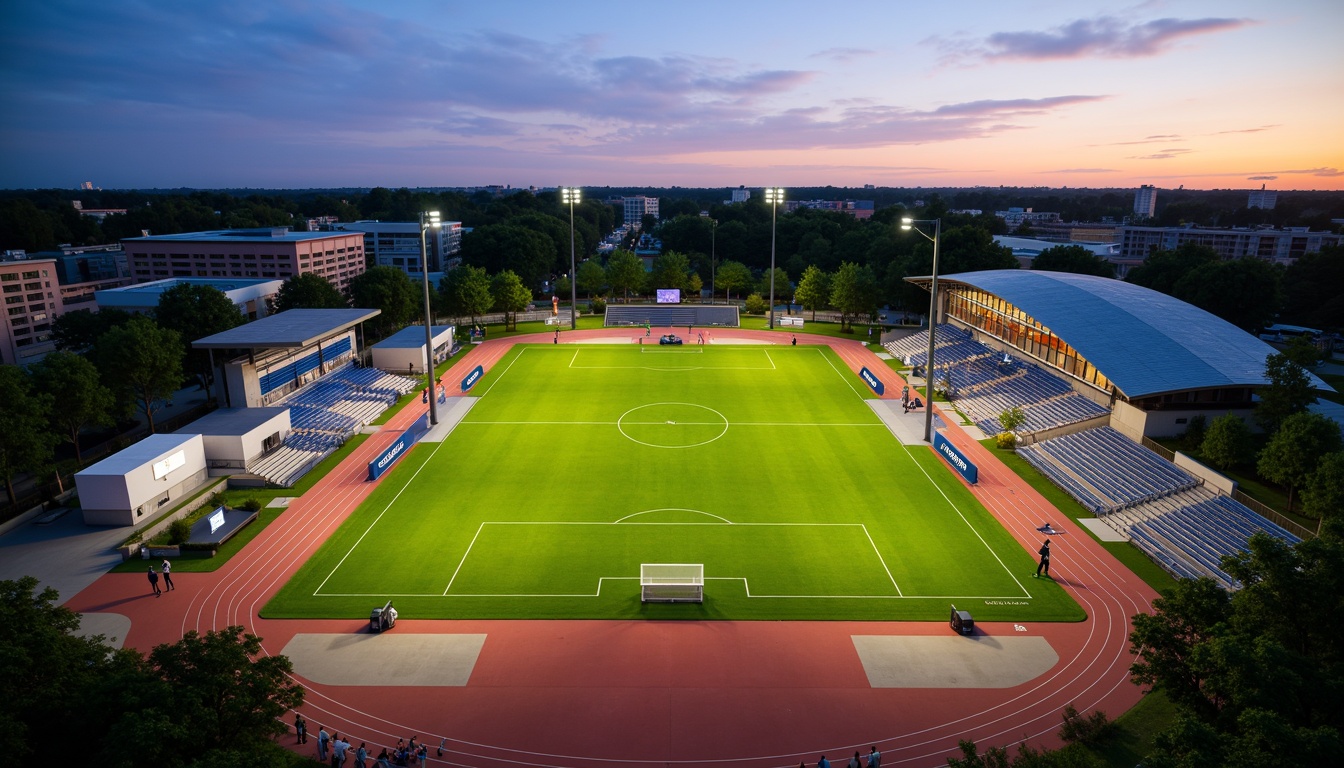 Prompt: Natural grass fields, athletic tracks, sports equipment, goalposts, bleachers, scoreboard, floodlights, evening ambiance, warm sunset lighting, shallow depth of field, 3/4 composition, panoramic view, realistic textures, ambient occlusion, modern sports facility architecture, sleek metal structures, durable concrete surfaces, vibrant team colors, dynamic crowd scenes, energetic atmosphere, safety fencing, accessible walkways, parking lots, surrounding trees, lush landscaping.