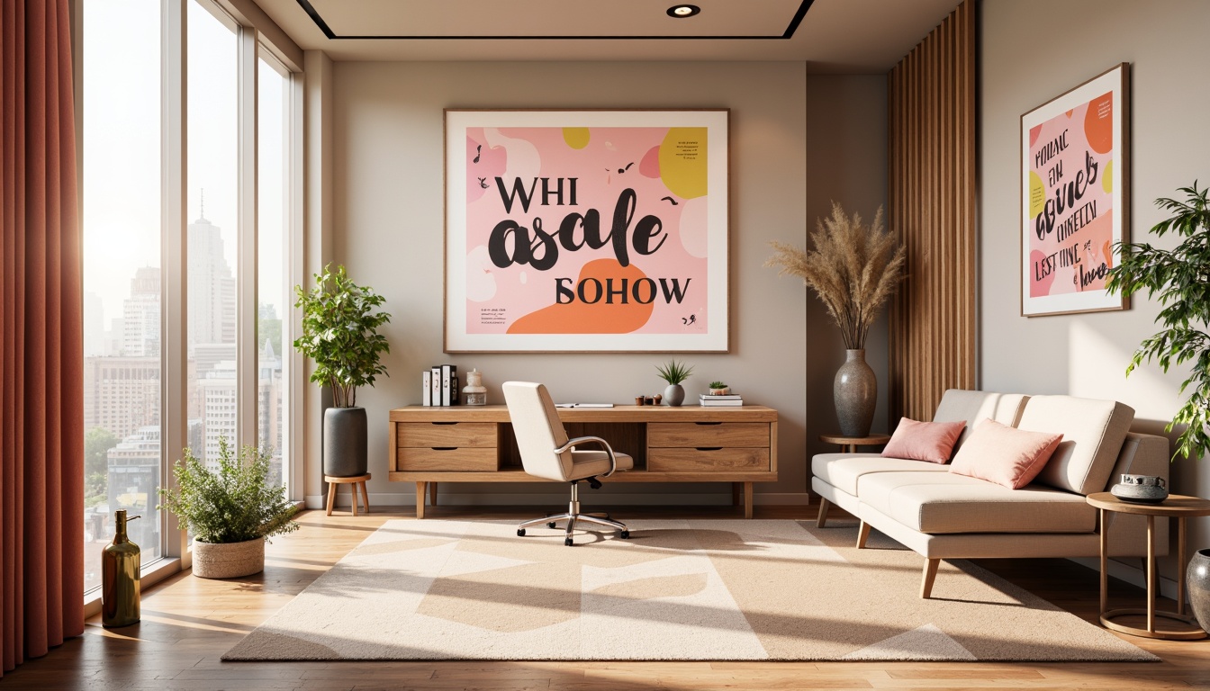 Prompt: Vibrant design studio, modern minimalist interior, sleek wooden desk, ergonomic chair, colorful artwork, inspirational quotes, natural light pouring in, large windows, urban cityscape view, warm beige walls, rich brown furniture, pastel pink accents, soft peach tones, creamy whites, bold typography, geometric patterns, abstract shapes, 3D visualizations, atmospheric lighting, shallow depth of field, 2/3 composition, realistic textures, ambient occlusion.