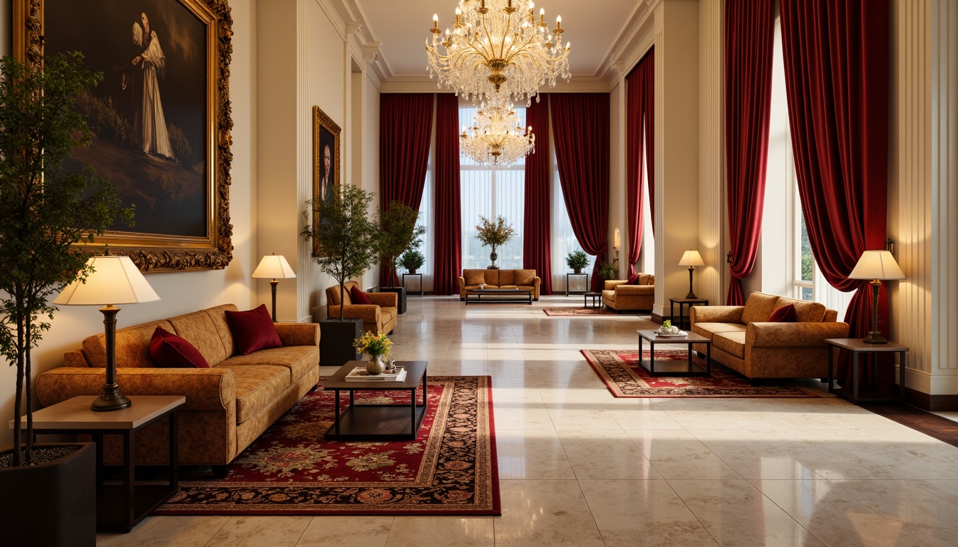 Prompt: Luxurious hotel lobby, rich velvet drapes, ornate golden frames, plush silk sofas, intricately patterned rugs, majestic crystal chandeliers, elegant marble floors, neoclassical columns, subtle cream walls, sophisticated furniture upholstery, lavish curtains, opulent fabrics, refined embroidery, delicate lace details, warm ambient lighting, shallow depth of field, 1/2 composition, realistic textures, soft focus effect.