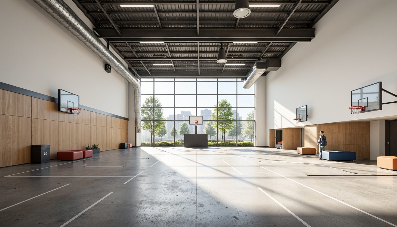 Prompt: Minimalist gymnasium interior, open spaces, natural light, industrial materials, exposed ductwork, polished concrete floors, steel beams, geometric shapes, functional furniture, athletic equipment, basketball hoops, sports mats, wooden accents, modernist architecture, clean lines, rectangular forms, abundant daylight, soft shadows, 1/1 composition, realistic textures, ambient occlusion.