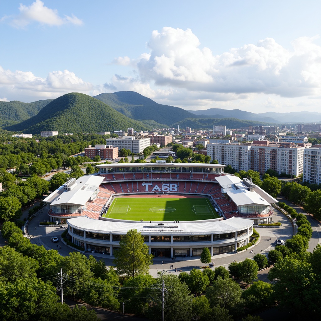 Prompt: Panoramic stadium views, lush greenery, rolling hills, natural stone seating areas, curved architecture, modern sports facilities, sleek metal structures, transparent roofs, cantilevered upper decks, vibrant colorful seats, dynamic lighting systems, shallow depth of field, 3/4 composition, realistic textures, ambient occlusion, integrated landscape design, eco-friendly materials, sustainable water management systems, rainwater harvesting, green roofs, urban planning, public art installations, pedestrian walkways, cycling paths, scenic overlooks, sunny day, soft warm lighting.