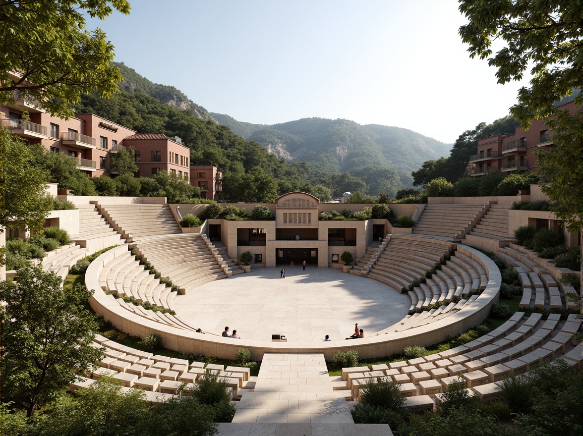 Prompt: Grand amphitheater, tiered seating, open central courtyard, lush greenery, natural stone flooring, curved architecture, panoramic views, warm sunny day, soft diffused lighting, shallow depth of field, 3/4 composition, realistic textures, ambient occlusion, comfortable audience seating, accessible walkways, minimal obstruction, clear sightlines, functional stage design, versatile performance space.