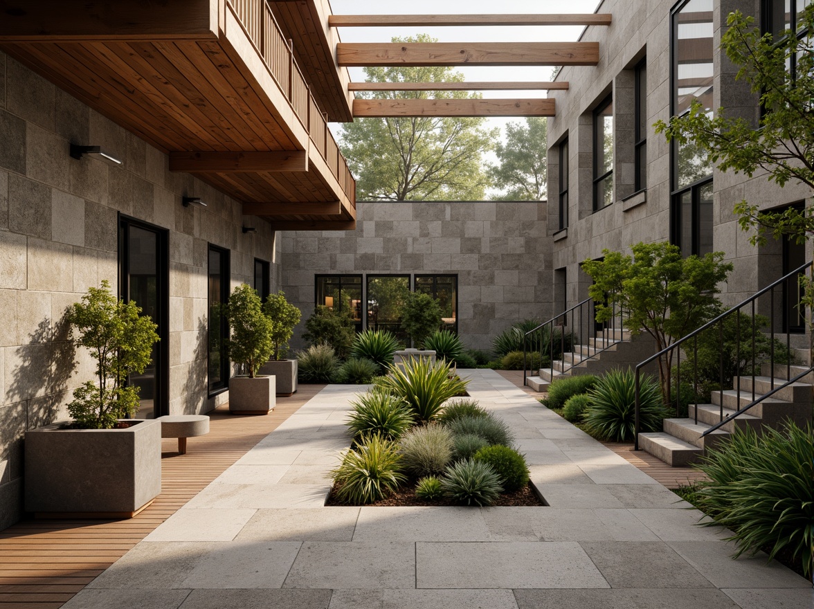 Prompt: Rustic stone walls, smooth wooden accents, rough-hewn granite floors, sleek metal railings, vibrant greenery, natural light pouring through clerestory windows, modern minimalist architecture, bold geometric shapes, contrasting textures, earthy color palette, warm ambient lighting, shallow depth of field, 1/1 composition, realistic render, atmospheric perspective.