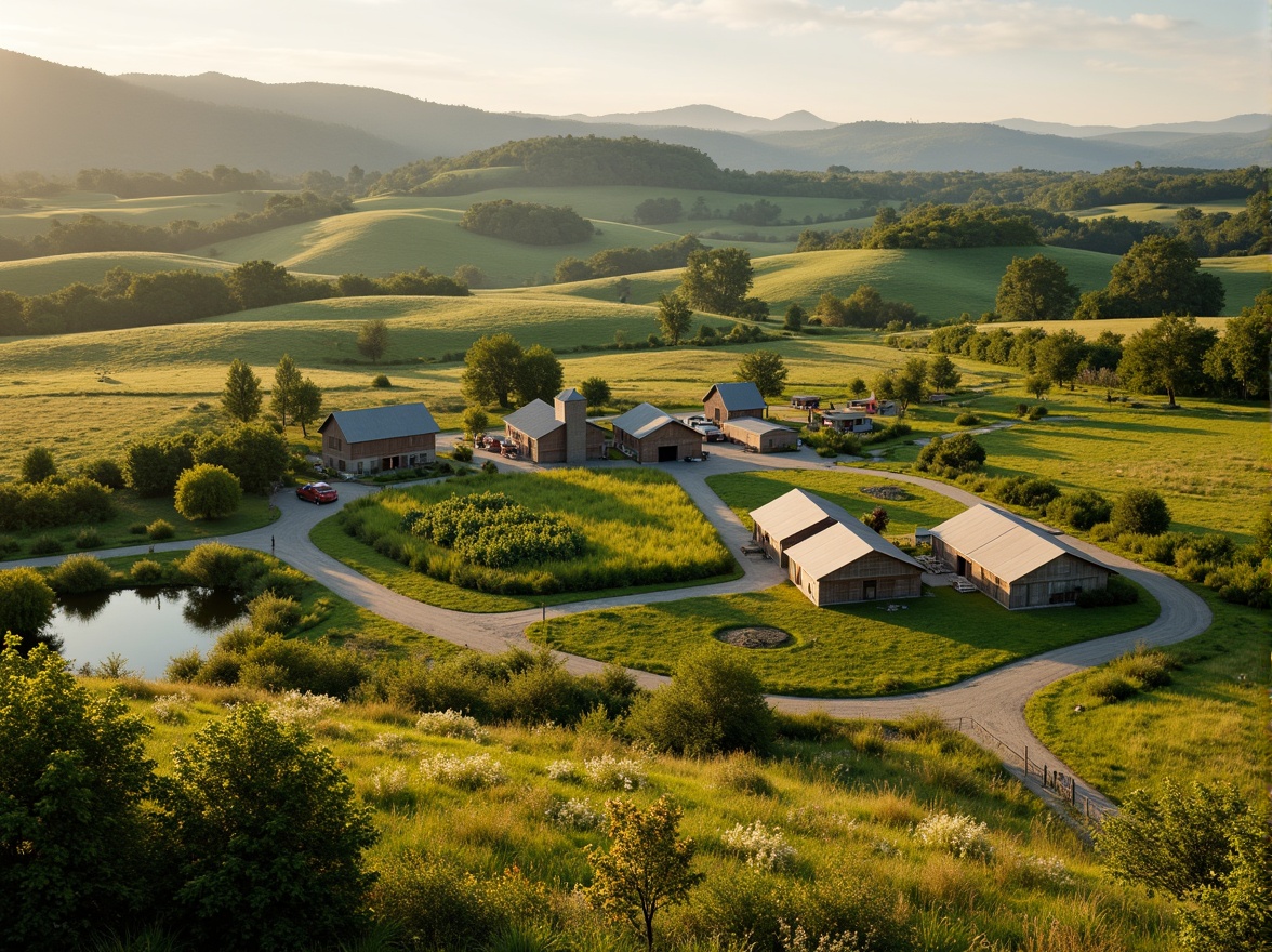 Prompt: Rustic farmland scenery, rolling hills, verdant pastures, scattered farmhouses, wooden fences, winding dirt roads, vintage tractors, lush green crops, sunflowers, wildflowers, rustic barns, weathered stone walls, natural ponds, serene rural atmosphere, warm golden lighting, shallow depth of field, 1/2 composition, panoramic view, realistic textures, ambient occlusion.