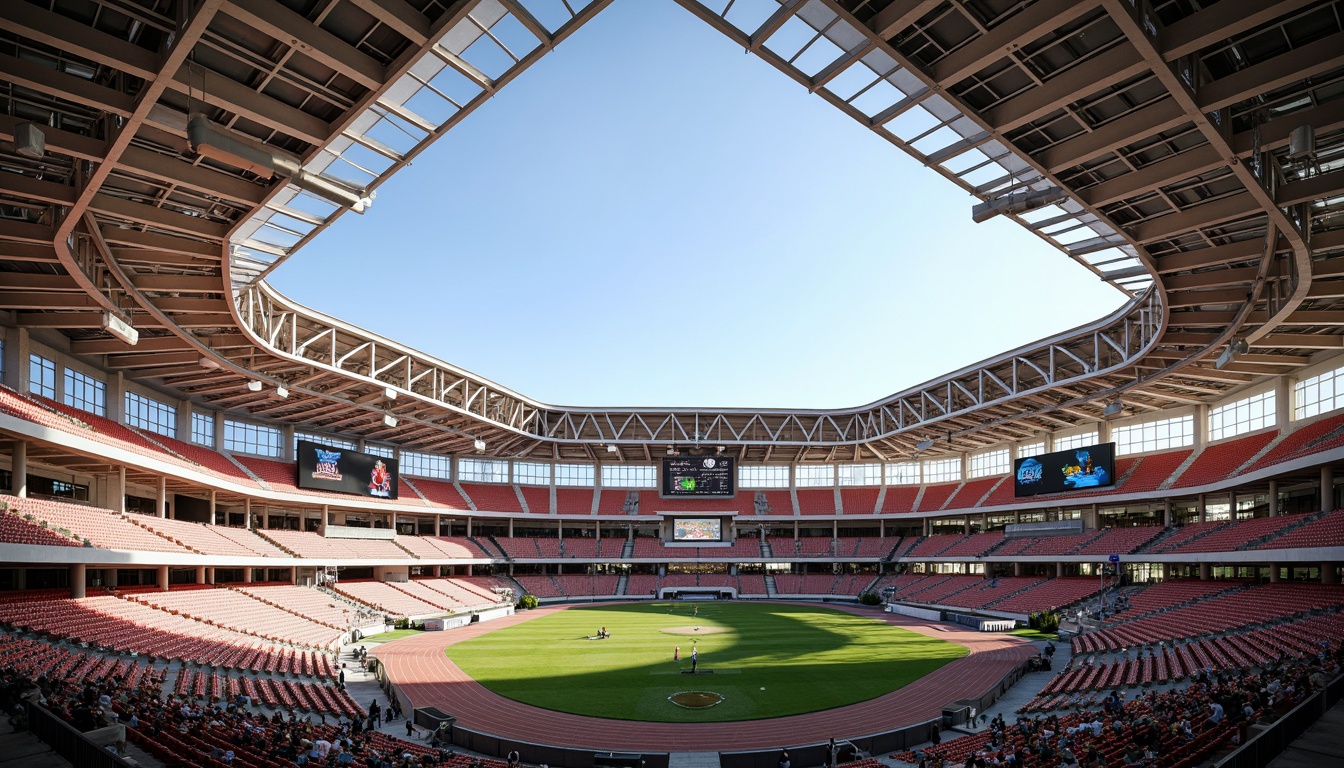 Prompt: Grandstand seating, cantilevered roofs, steel beams, reinforced concrete columns, vibrant team colors, dynamic LED lighting, lush green turf, athletic tracks, scoreboard displays, modern architecture, angular lines, minimalist design, open-air concourses, stairwell access, VIP suites, luxury boxes, concession stands, food courts, restrooms, emergency exit routes, sunny day, soft warm lighting, shallow depth of field, 3/4 composition, panoramic view, realistic textures, ambient occlusion.