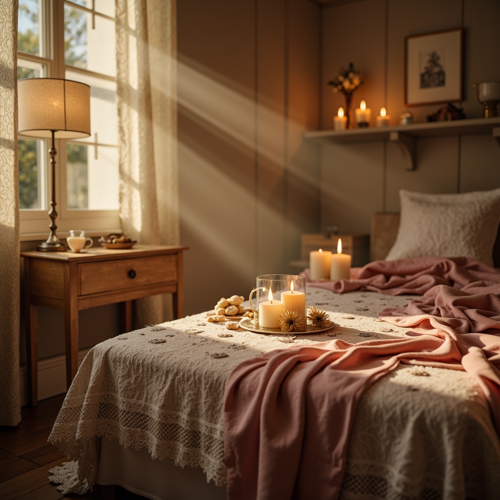 Prompt: Soft candlelight, warm beige walls, rich velvet fabrics, delicate lace details, pastel pink hues, muted gold accents, distressed wood furniture, vintage floral patterns, whimsical script typography, dreamy misty atmosphere, warm golden lighting, shallow depth of field, 1/1 composition, intimate close-up shots, realistic textures, ambient occlusion.