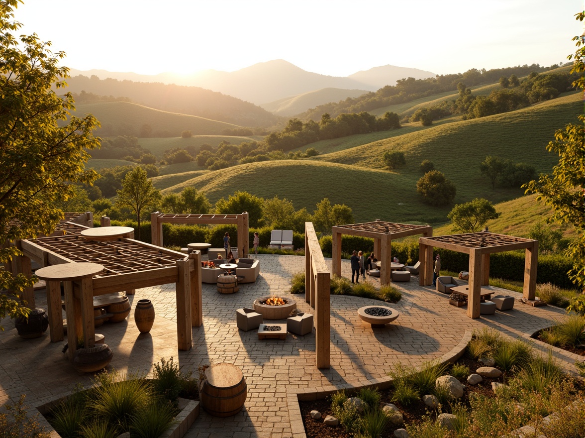 Prompt: Rolling vineyards, lush green hills, rustic stone walls, wooden trellises, wine barrels, grapevines, sun-kissed terrain, warm golden lighting, soft focus, shallow depth of field, 3/4 composition, panoramic view, realistic textures, ambient occlusion, modern winery architecture, curved lines, minimalist design, natural materials, earthy tones, outdoor seating areas, fire pits, water features, scenic overlooks, winding paths, Mediterranean-inspired landscaping.