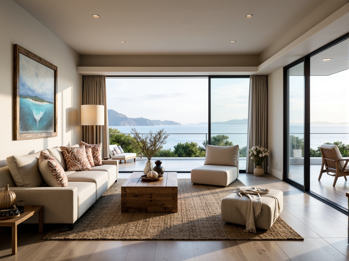 Prompt: Coastal living room, ocean-inspired color palette, driftwood accents, natural textiles, woven sea grass rugs, coral-patterned throw pillows, nautical-themed decorative objects, floor-to-ceiling windows, sliding glass doors, beachy vibe, soft warm lighting, shallow depth of field, 3/4 composition, panoramic view, realistic textures, ambient occlusion, modern minimalist furniture, reclaimed wood coffee table, comfortable linen sofas, ocean-breeze sound effects.