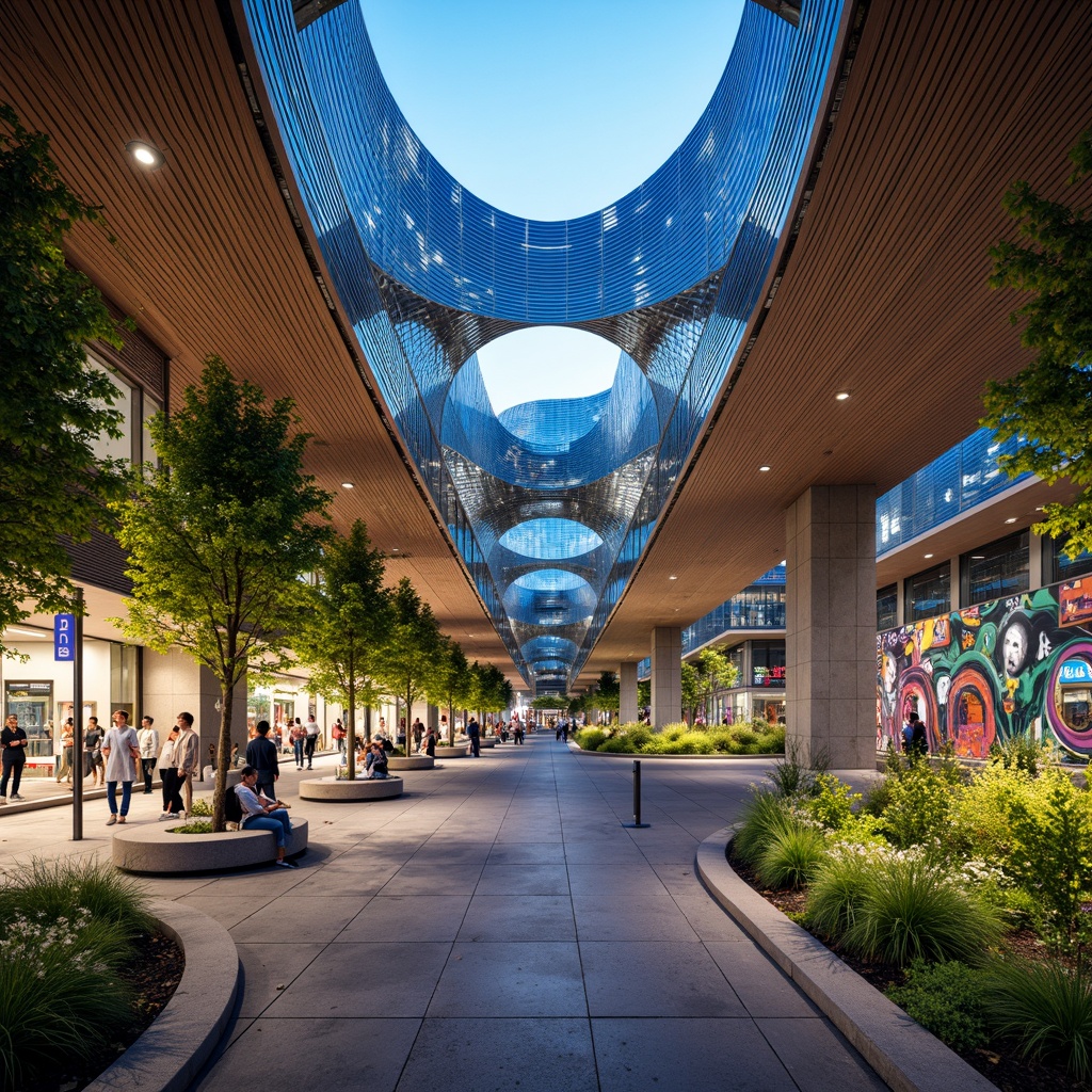 Prompt: Curved bus station, undulating rooflines, organic shapes, futuristic architecture, iridescent glass fa\u00e7ade, wavy metal panels, fluidic structures, natural stone flooring, lush green walls, vibrant public art installations, dynamic LED lighting, shallow depth of field, 1/1 composition, panoramic view, realistic textures, ambient occlusion.