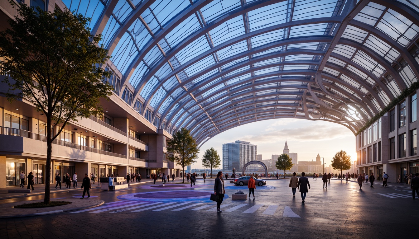 Prompt: Vibrant airport terminal, futuristic architecture, curved lines, dynamic shapes, bold colors, abstract patterns, LED light installations, sleek metal structures, glass facades, modern sculptures, urban landscape, busy streets, city skyline, misty morning atmosphere, soft warm lighting, shallow depth of field, 1/1 composition, panoramic view, realistic textures, ambient occlusion.