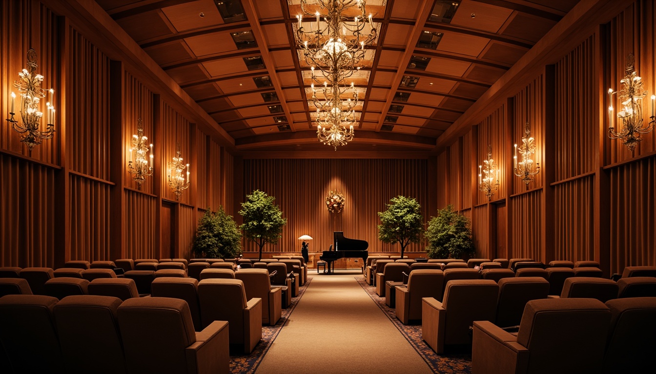 Prompt: Intimate concert hall, wooden paneling, sound-absorbing materials, curved lines, minimal reverberation, optimal speaker placement, acoustic transparency, natural ambiance, warm lighting, comfortable seating, rich wood tones, velvet drapes, ornate chandeliers, grand piano, live performance, evening atmosphere, soft focus, shallow depth of field, 1/2 composition, realistic textures.