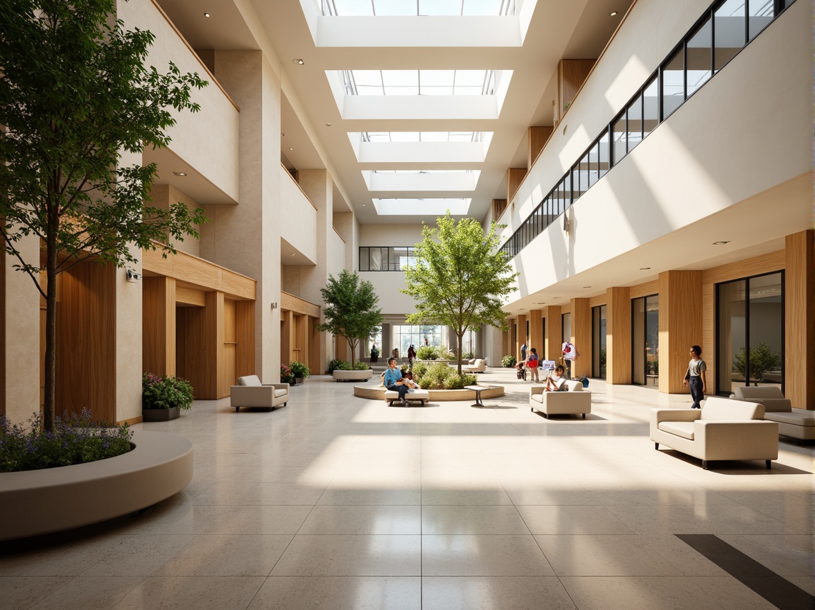 Prompt: Spacious hospital lobby, high ceilings, clerestory windows, natural light pouring in, warm beige tones, comfortable seating areas, lush greenery, wooden accents, calming atmosphere, soft diffused lighting, 1/1 composition, shallow depth of field, realistic textures, ambient occlusion, modern minimalist design, sleek metal handrails, gentle curves, soothing color palette, peaceful ambiance.