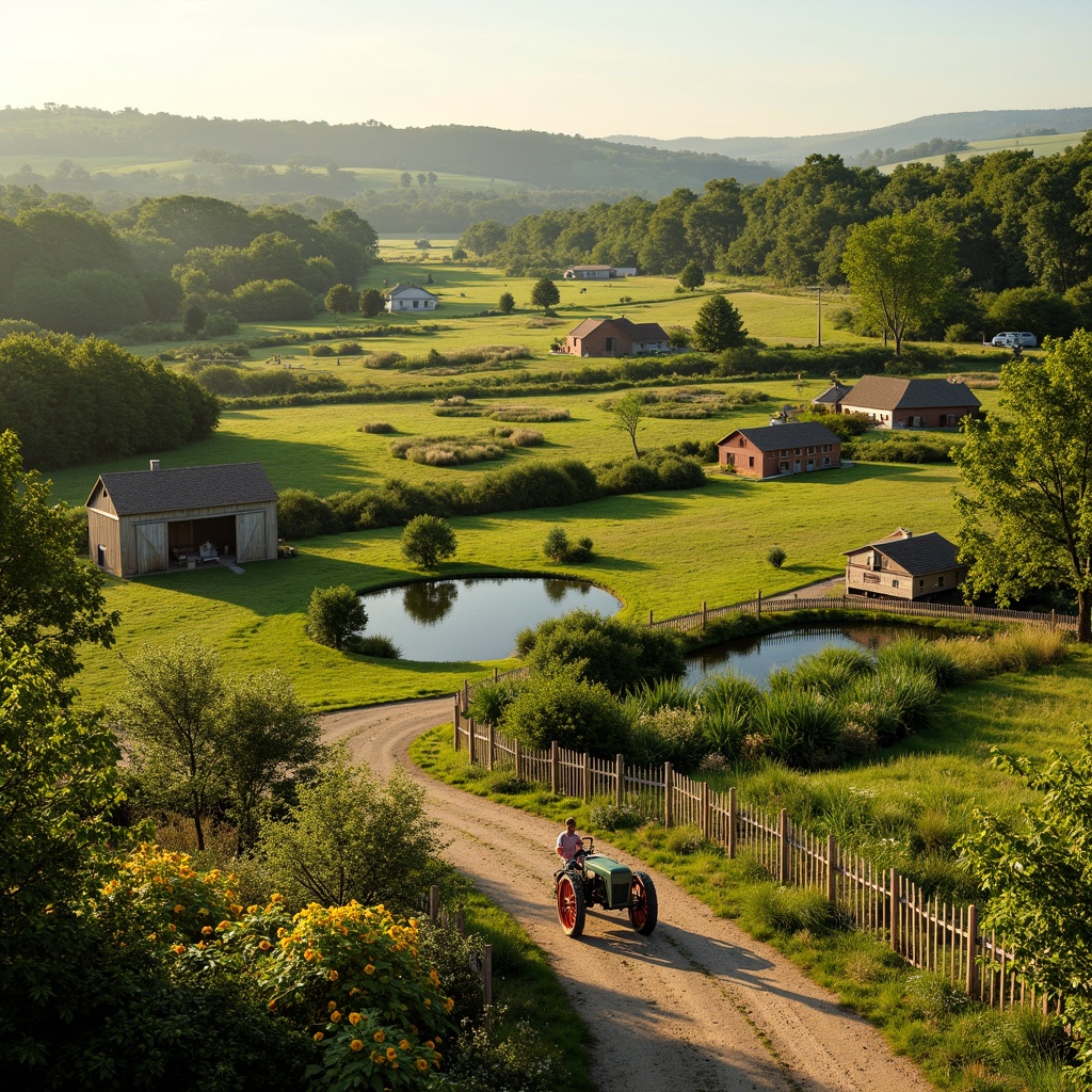 Prompt: Rustic farmland scenery, rolling hills, verdant pastures, scattered farmhouses, wooden fences, winding dirt roads, vintage tractors, lush green crops, sunflowers, wildflowers, rustic barns, weathered stone walls, natural ponds, serene rural atmosphere, warm golden lighting, shallow depth of field, 1/2 composition, panoramic view, realistic textures, ambient occlusion.