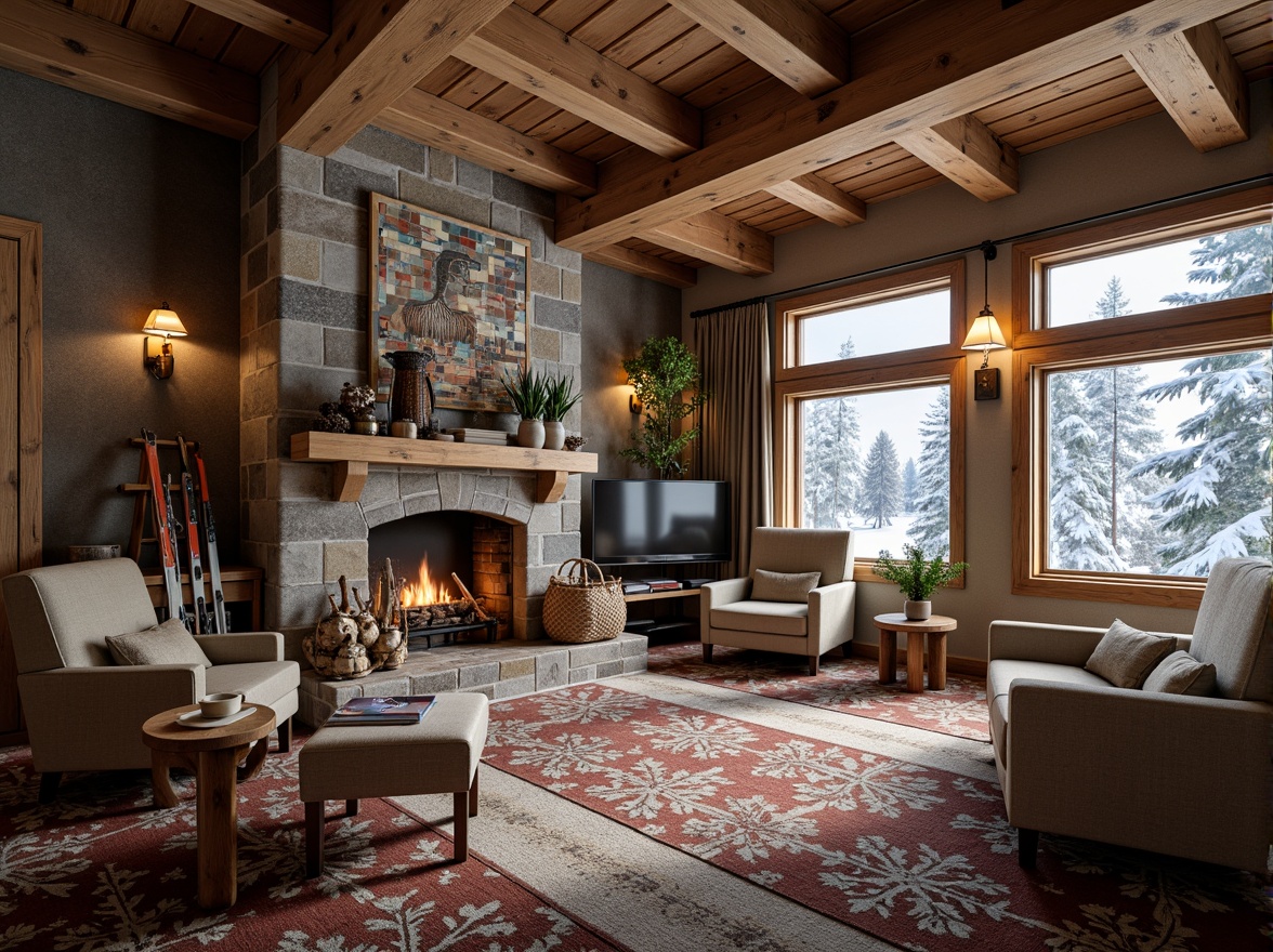 Prompt: Cozy ski lodge, rustic wooden accents, warm fireplace, plush furnishings, snowflake-patterned rugs, wooden ski racks, vintage ski equipment decor, large windows with snowy mountain views, natural stone walls, earthy color palette, soft warm lighting, shallow depth of field, 3/4 composition, panoramic view, realistic textures, ambient occlusion.