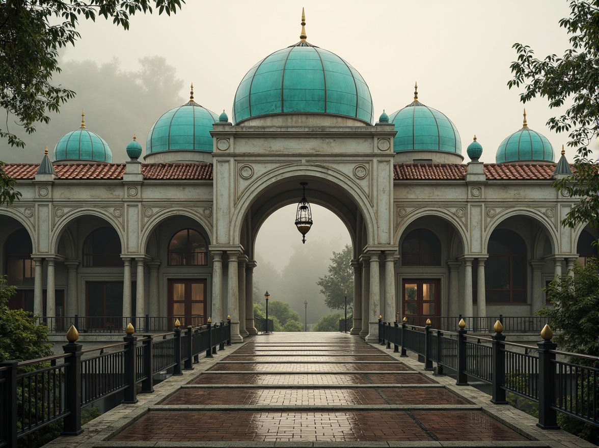 Prompt: Ancient Byzantine-inspired vehicular bridges, ornate arches, intricately carved stone facades, grandiose entrance gates, majestic pillars, vibrant turquoise domes, golden accents, rustic stonework, weathered copper roofs, mystical foggy atmosphere, soft warm lighting, shallow depth of field, 1/2 composition, symmetrical framing, realistic textures, ambient occlusion.