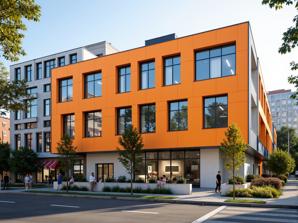 Prompt: Geometric middle school facade, bold primary colors, rectangular windows, flat roofs, industrial materials, exposed ductwork, minimalist ornamentation, functional simplicity, clean lines, rectangular columns, cantilevered staircases, asymmetrical compositions, natural light-filled classrooms, collaborative learning spaces, flexible modular furniture, educational signage, urban cityscape background, morning sunlight, soft shadows, 1/1 composition, realistic textures, ambient occlusion.