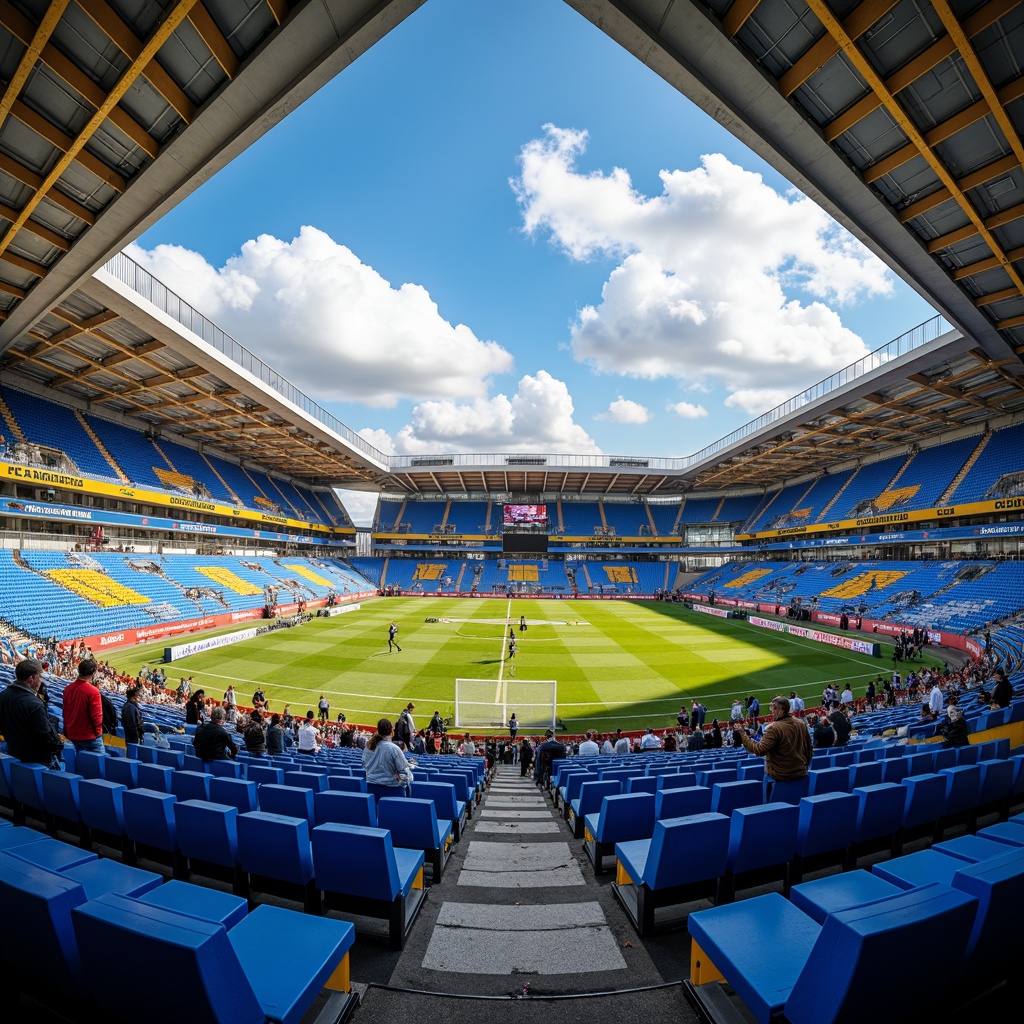 Prompt: Vibrant stadium atmosphere, electric blue seats, bright yellow accents, bold red stripes, dynamic LED lighting, modern angular architecture, sleek metal beams, polished concrete floors, energetic crowd scenes, sunny day with fluffy white clouds, shallow depth of field, 1/1 composition, realistic textures, ambient occlusion, dramatic shadows, warm golden hour lighting.