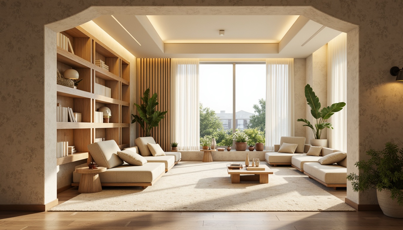 Prompt: Muted earthy tones, soft pastel hues, calming beige walls, natural wood accents, plush greenery, creamy whites, warm golden lighting, cozy reading nooks, comfortable seating areas, minimalist decor, subtle texture contrasts, organic shapes, serene atmosphere, shallow depth of field, 1/1 composition, realistic renderings, ambient occlusion.