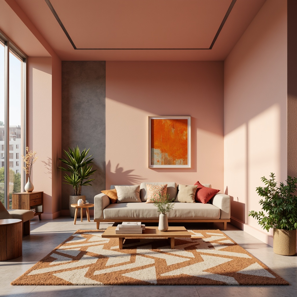 Prompt: Vibrant modern interior, bold color blocking, pastel hues, soft peach tones, rich charcoal accents, metallic silver highlights, natural wood textures, sleek minimalist furniture, geometric patterned rugs, abstract artwork, warm ambient lighting, shallow depth of field, 1/1 composition, realistic renderings, subtle gradient effects.