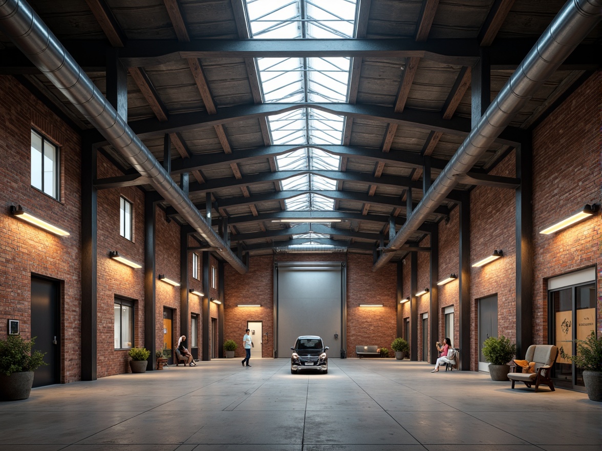 Prompt: Industrial warehouse interior, exposed ductwork, metal beams, concrete floors, rustic brick walls, high ceilings, natural light pouring through skylights, warm ambient lighting, softbox lights, task lamps, suspended linear fixtures, LED strips, diffused shadows, subtle color temperature, 1/2 composition, shallow depth of field, realistic textures, ambient occlusion.