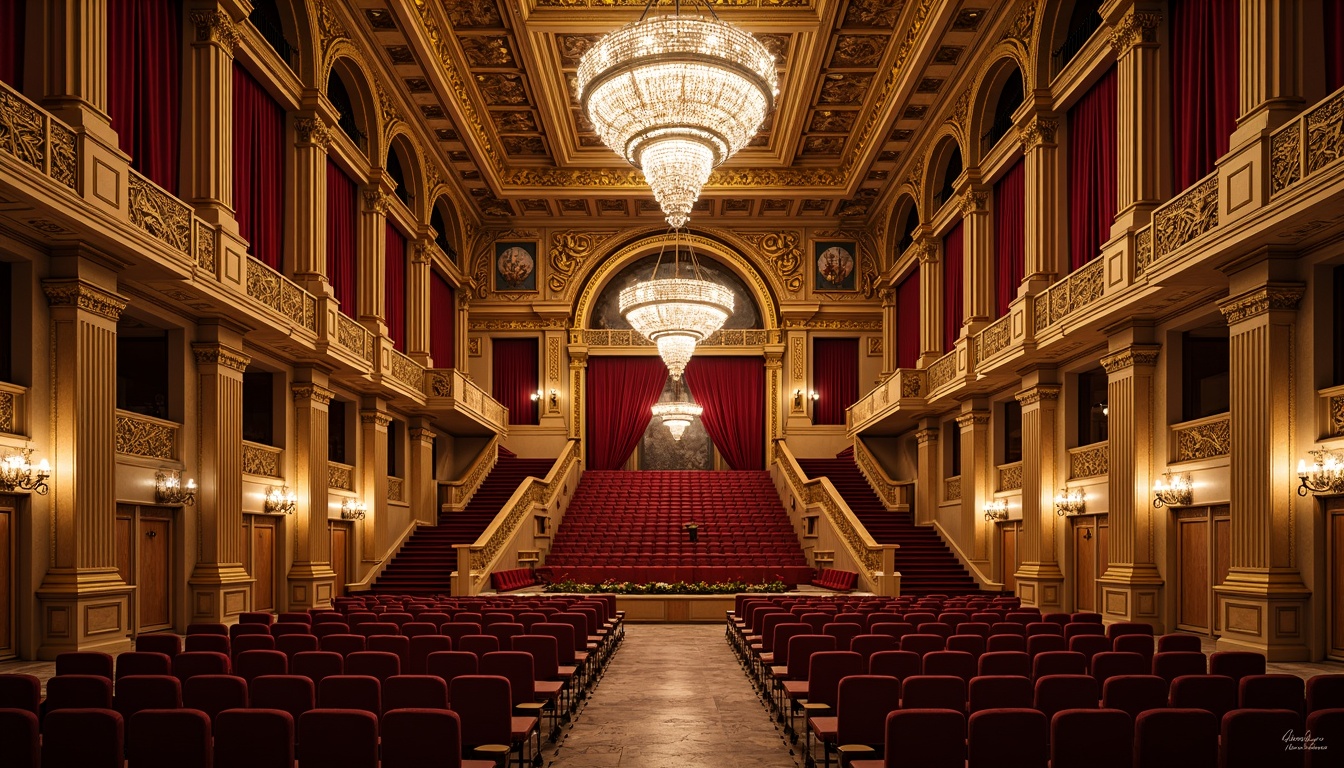 Prompt: Grandiose auditorium, ornate golden details, intricate carvings, lavish chandeliers, red velvet curtains, opulent furnishings, Baroque-style architecture, sweeping arches, grand staircases, marble floors, ornamental columns, gilded moldings, dramatic lighting, warm color palette, rich textures, shallow depth of field, 1/1 composition, symmetrical framing, realistic reflections, ambient occlusion.