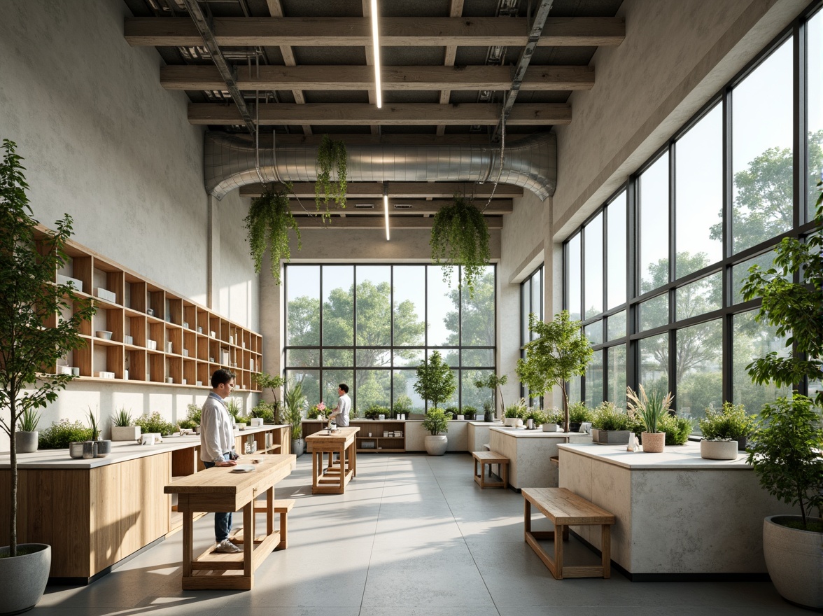 Prompt: Minimalist laboratory interior, eco-friendly materials, recycled countertops, energy-efficient lighting, natural ventilation systems, green walls, living plants, reclaimed wood furniture, simple geometric shapes, industrial chic aesthetic, monochromatic color scheme, abundant natural light, soft diffused shadows, 1/1 composition, shallow depth of field, realistic textures, ambient occlusion.