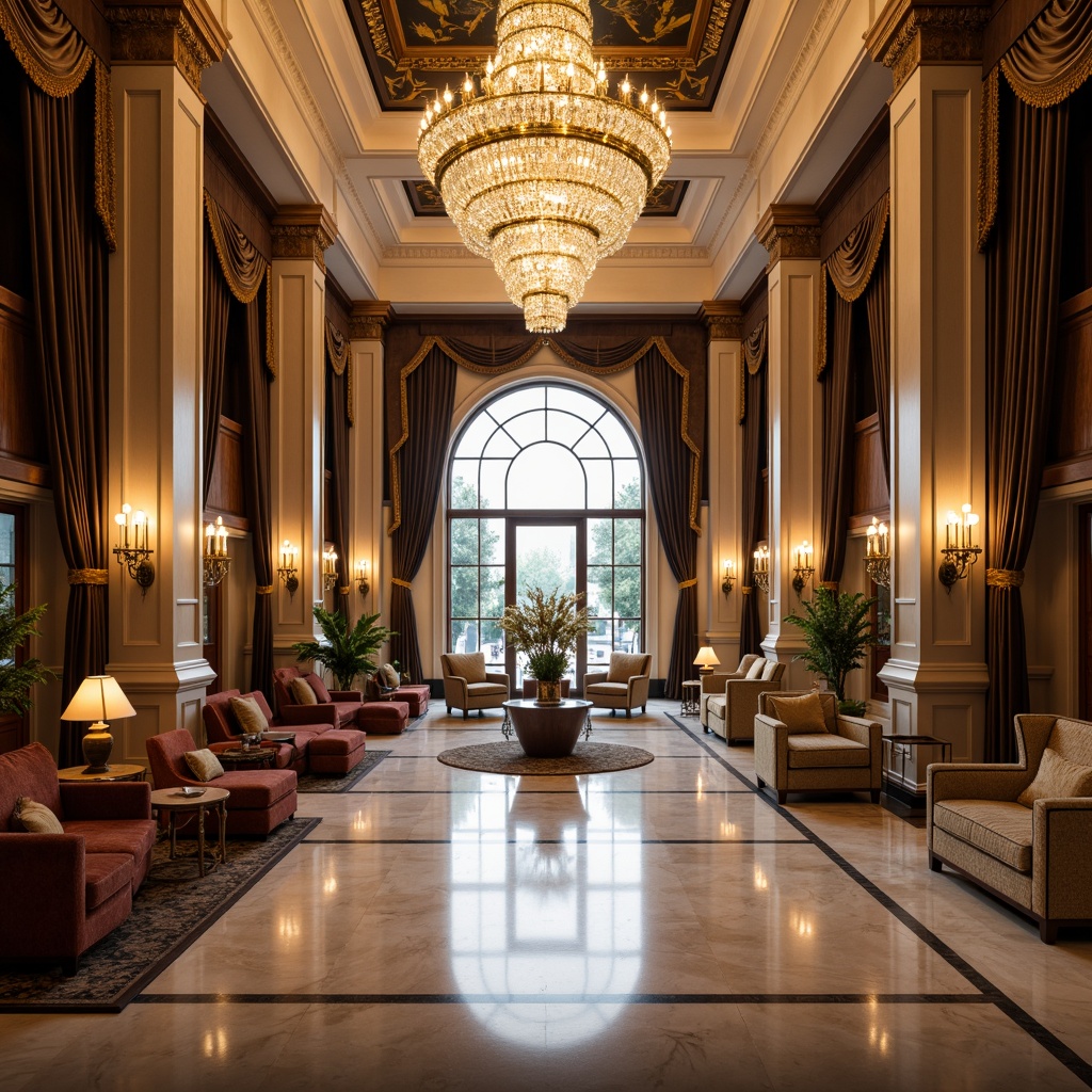 Prompt: Elegant hotel lobby, grand chandelier, marble flooring, ornate columns, luxurious furnishings, velvet drapes, golden accents, intricate moldings, symmetrical layout, spacious high ceiling, crystal sconces, rich wood paneling, comfortable seating areas, warm ambient lighting, shallow depth of field, 1/1 composition, realistic textures, soft focus effect.