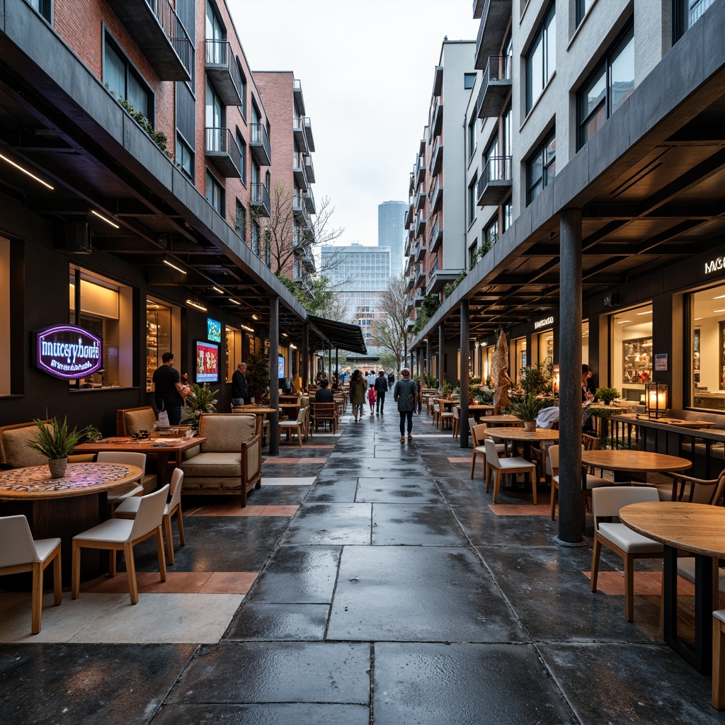 Prompt: Monochromatic modern market, sleek glass roofs, polished metal accents, industrial chic concrete floors, reclaimed wood textures, vibrant neon signage, eclectic mix of vintage and contemporary furniture, urban cityscape backdrop, overcast sky with soft warm lighting, shallow depth of field, 1/1 composition, realistic reflections, ambient occlusion.