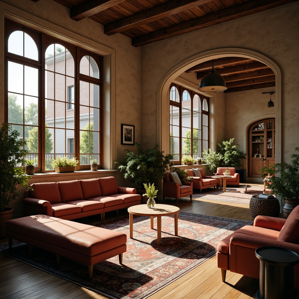 Prompt: Cozy student lounge, warm wooden accents, soft natural lighting, large windows, elegant archways, classic columns, comfortable sofas, rustic coffee tables, vintage rugs, earthy color palette, subtle texture details, shallow depth of field, 1/1 composition, realistic rendering, ambient occlusion, morning sunlight, gentle shadows, peaceful atmosphere.