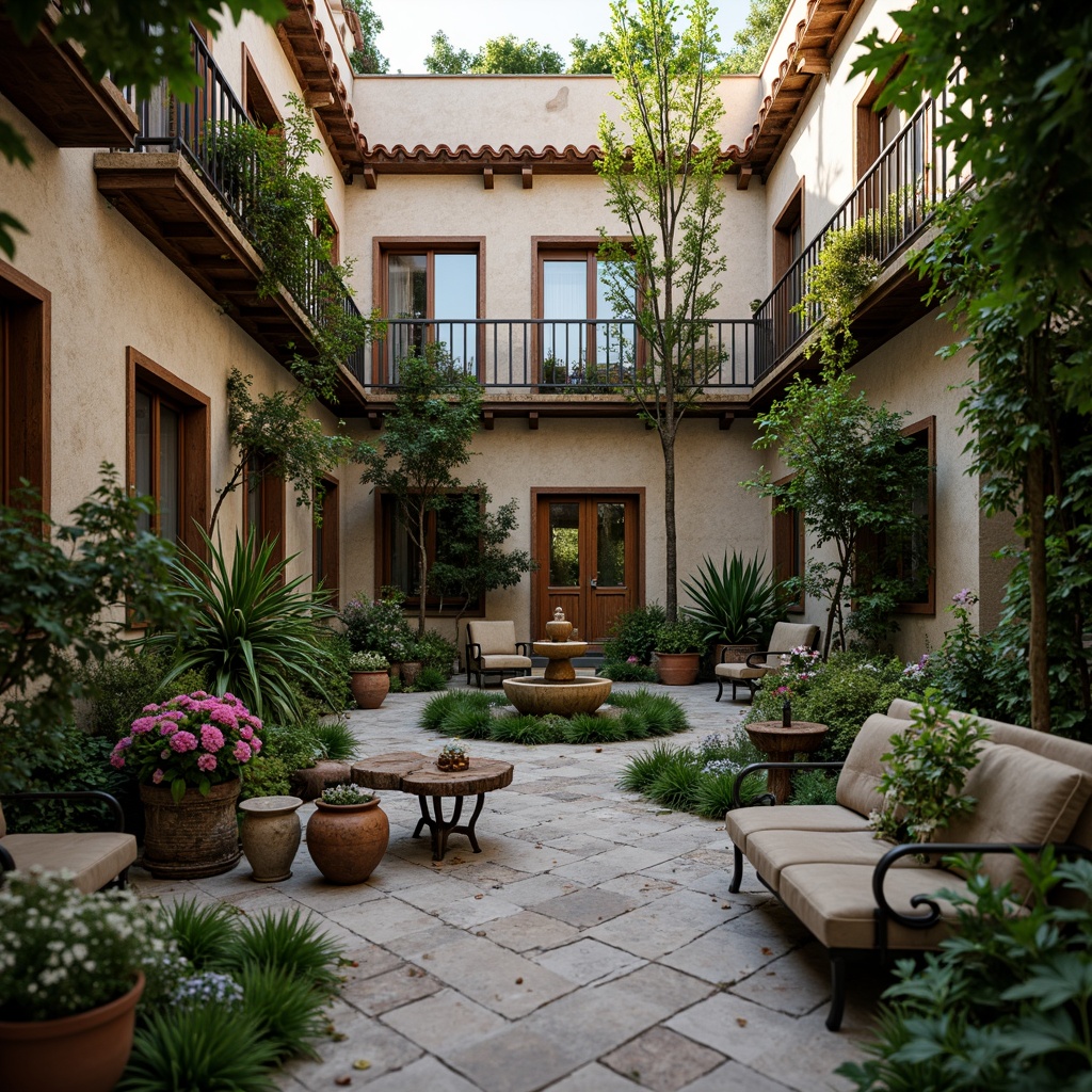 Prompt: Whimsical apartment courtyard, lush greenery, blooming flowers, meandering stone pathways, ornate iron railings, soft warm lighting, cozy seating areas, vintage garden benches, distressed wooden planters, overflowing flowerpots, delicate water features, small-scale sculptures, intimate ambiance, warm color palette, rustic stone walls, climbing vines, fragrant herbs, serene atmosphere, shallow depth of field, 1/1 composition, romantic warm tones, realistic textures, ambient occlusion.