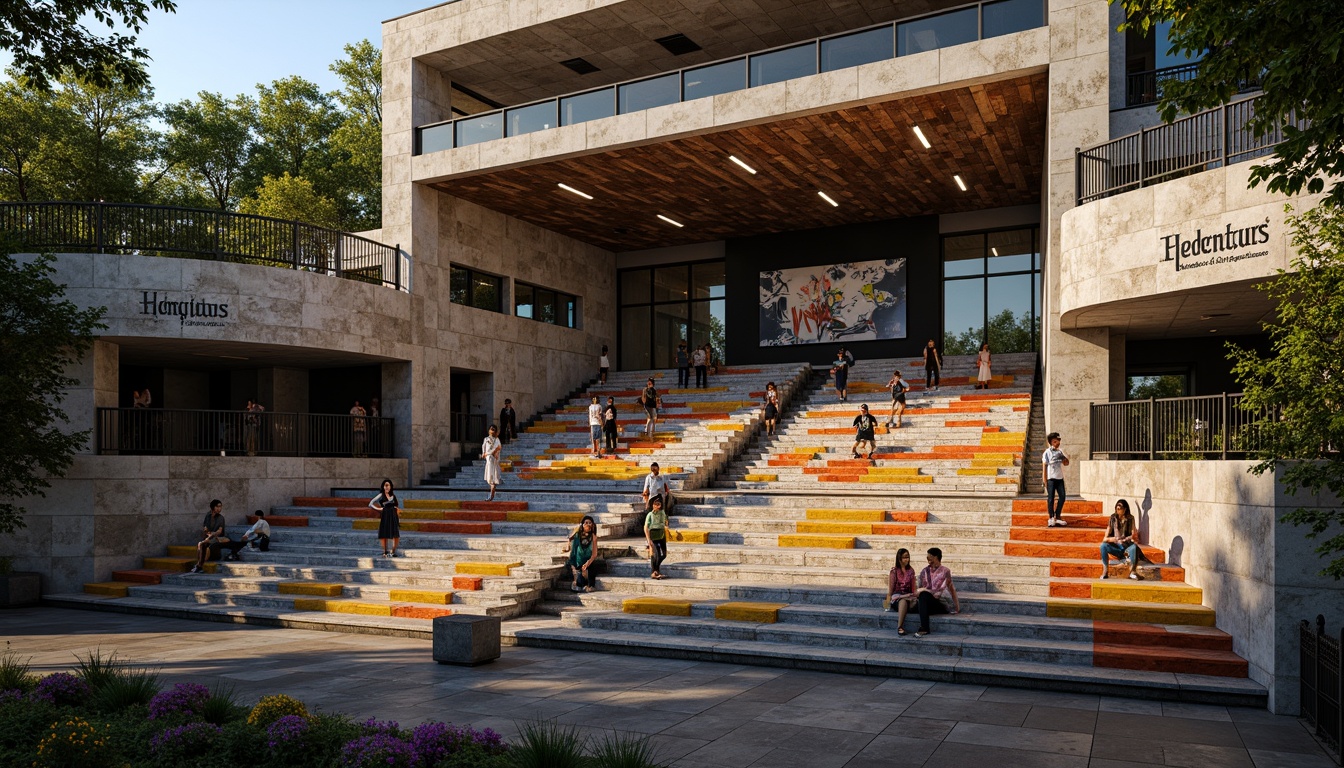 Prompt: Amphitheater seating arrangement, postmodernist architecture, fragmented forms, irregular shapes, bold color schemes, eclectic mix of materials, distressed concrete, reclaimed wood, industrial metal accents, vibrant graffiti, abstract sculptures, dynamic lighting installations, tiered seating, curved rows, asymmetrical layout, dramatic shadows, warm ambient glow, shallow depth of field, 1/2 composition, cinematic view, realistic textures, subtle atmospheric effects.