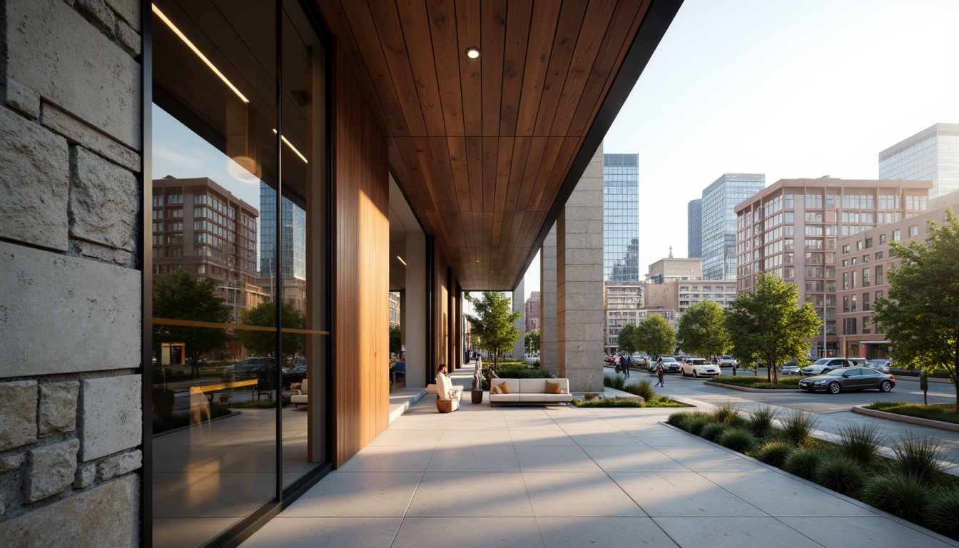 Prompt: Contemporary building facade, rough stone walls, smooth glass surfaces, metallic panels, wooden accents, industrial concrete floors, minimalist interior design, natural light pouring in, soft warm ambiance, shallow depth of field, 3/4 composition, realistic textures, ambient occlusion, urban cityscape, busy streets, modern skyscrapers, green roofs, sustainable architecture.