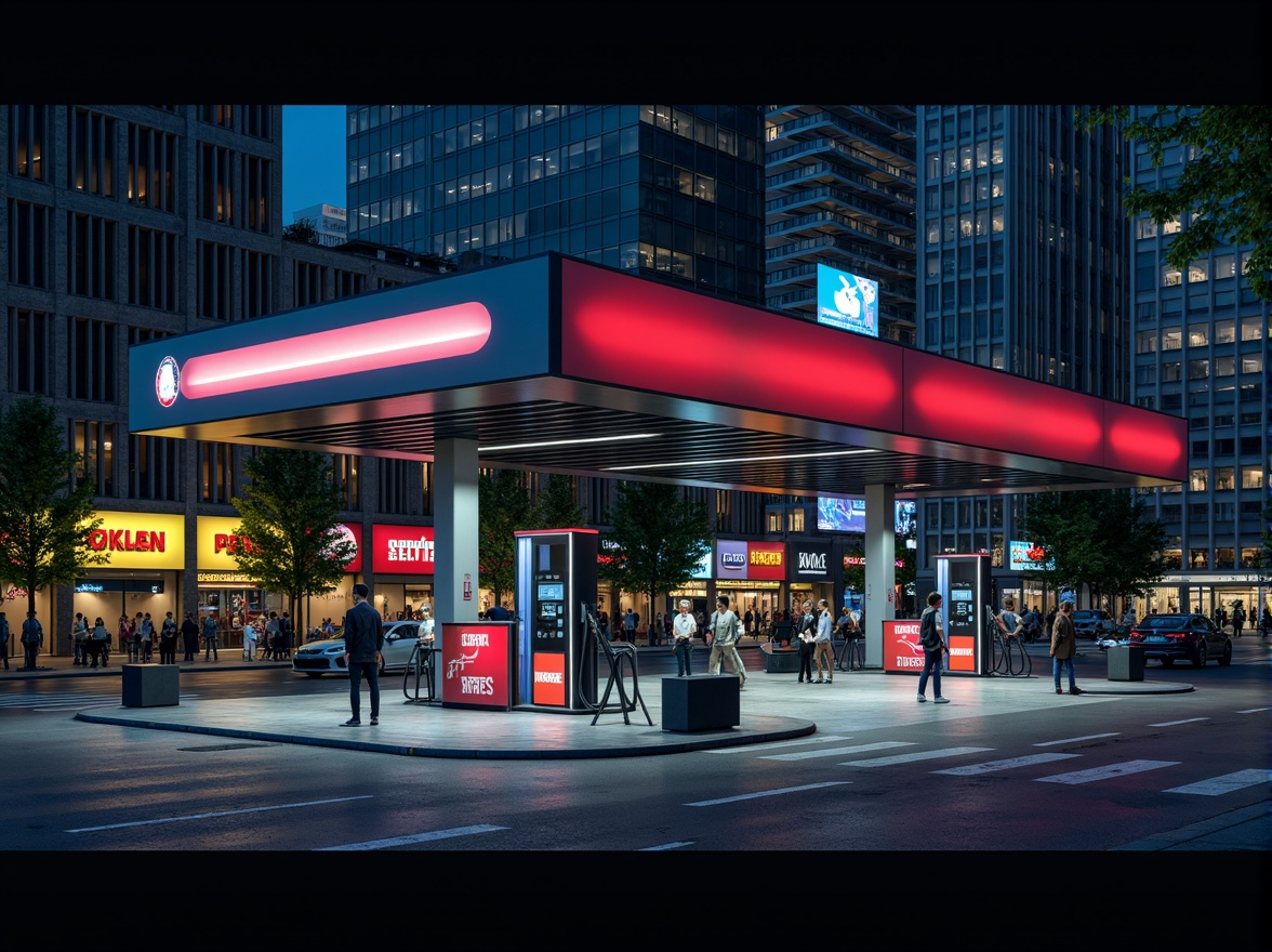 Prompt: Geometric gas station, bold primary colors, industrial materials, angular lines, minimalist design, cantilevered canopies, functional typography, urban landscape, busy streets, modern cityscape, dramatic nighttime lighting, high-contrast shadows, 1/1 composition, symmetrical framing, realistic reflections, ambient occlusion, futuristic fuel pumps, sleek metal accents, neon signage, retro-futuristic aesthetic.