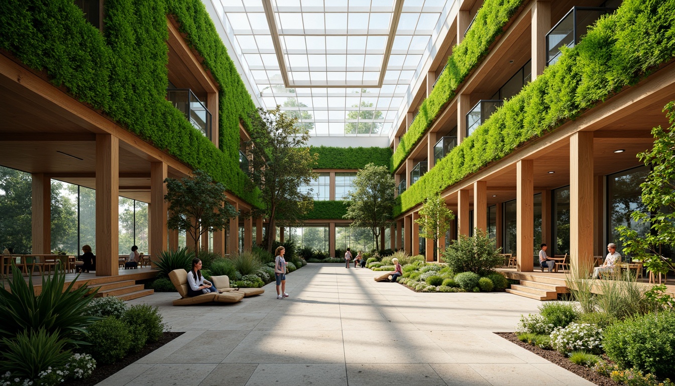 Prompt: Vibrant atrium, lush green walls, natural stone floors, wooden accents, floor-to-ceiling windows, clerestory windows, skylights, open spaces, minimalist decor, earthy tones, warm ambiance, soft diffused lighting, 1/1 composition, shallow depth of field, realistic textures, ambient occlusion, sustainable architecture, eco-friendly materials, energy-efficient systems, passive solar design, organic shapes, flowing curves, harmonious balance.