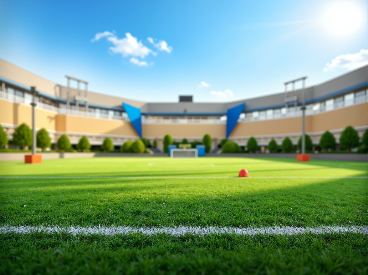 Prompt: Vibrant green grass, bright white lines, bold blue accents, warm beige sand, dynamic yellow goalposts, energetic orange cones, fresh air atmosphere, sunny day lighting, shallow depth of field, 3/4 composition, panoramic view, realistic textures, ambient occlusion.