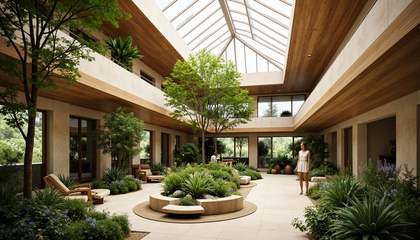 Prompt: Vibrant atrium, lush greenery, natural stone walls, wooden accents, floor-to-ceiling windows, clerestory windows, skylights, open floor plans, minimalist decor, warm beige tones, soft diffused lighting, indirect sunlight, ambient shadows, 1/1 composition, realistic textures, subtle color palette, serene atmosphere, peaceful ambiance.