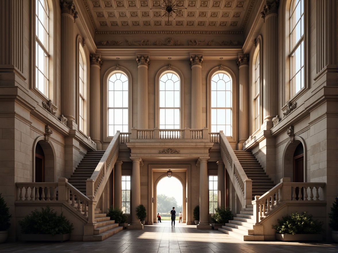 Prompt: Grandiose neoclassical building, symmetrical facade, ornate columns, carved stone details, imposing entrance, sweeping staircases, elegant archways, refined moldings, subtle color palette, natural light pouring through tall windows, dramatic shadows, precise 1/1 composition, central axis alignment, bilateral symmetry, classical orders, rusticated base, pedimented roof, ornamental balustrades, majestic proportions, serene atmosphere, soft warm lighting, high contrast ratio.