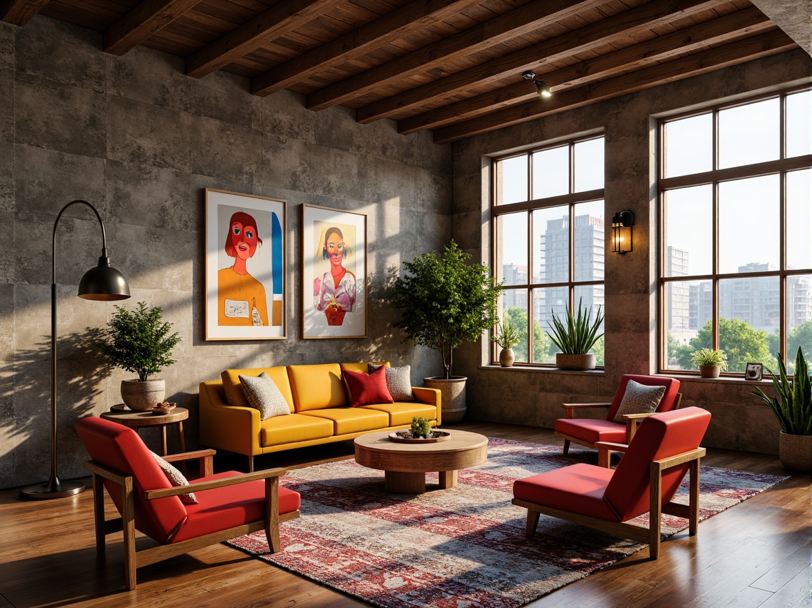 Prompt: Vibrant artistic studio, eclectic furniture, bold color blocking, contrasting textures, abstract artwork, statement lighting fixtures, industrial metal accents, reclaimed wood floors, bohemian-inspired rugs, natural stone walls, oversized windows, soft warm glow, shallow depth of field, 1/1 composition, realistic renderings, ambient occlusion.